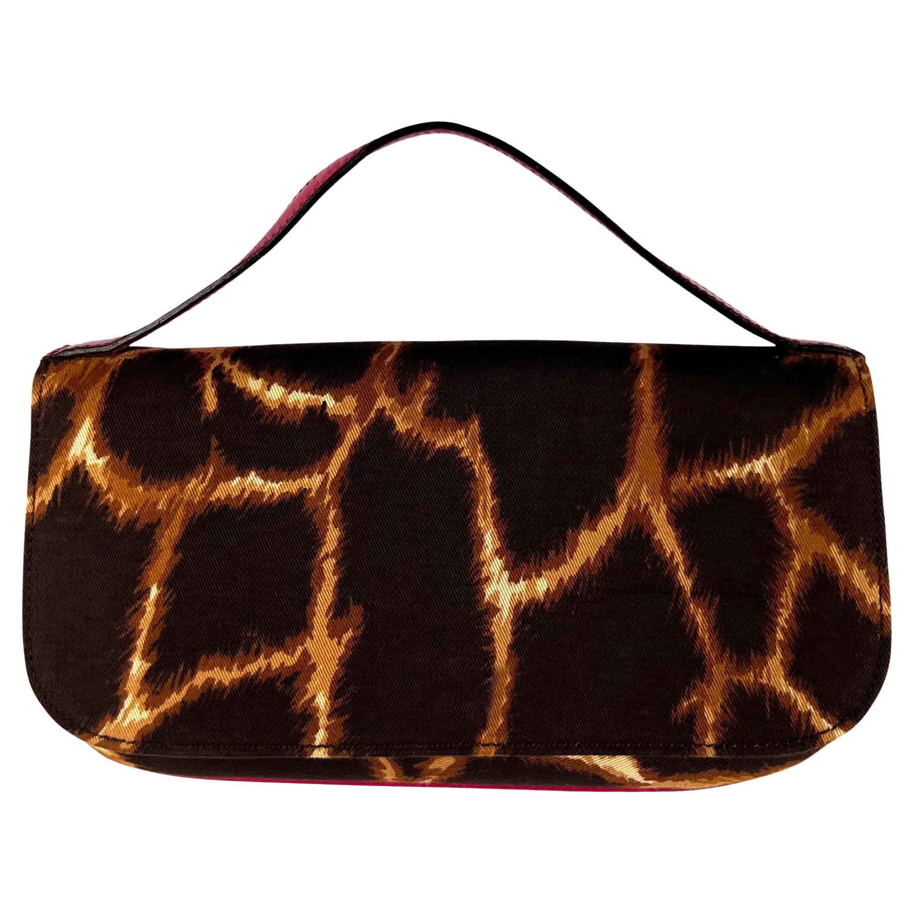 2000s Dolce & Gabbana Brown Animal Print Hot Pink Leather Top Strap Clutch Bag For Sale