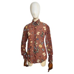 2000s Dolce & Gabbana Brown Silk Chiffon butterfly Pattern print Sheer Shirt