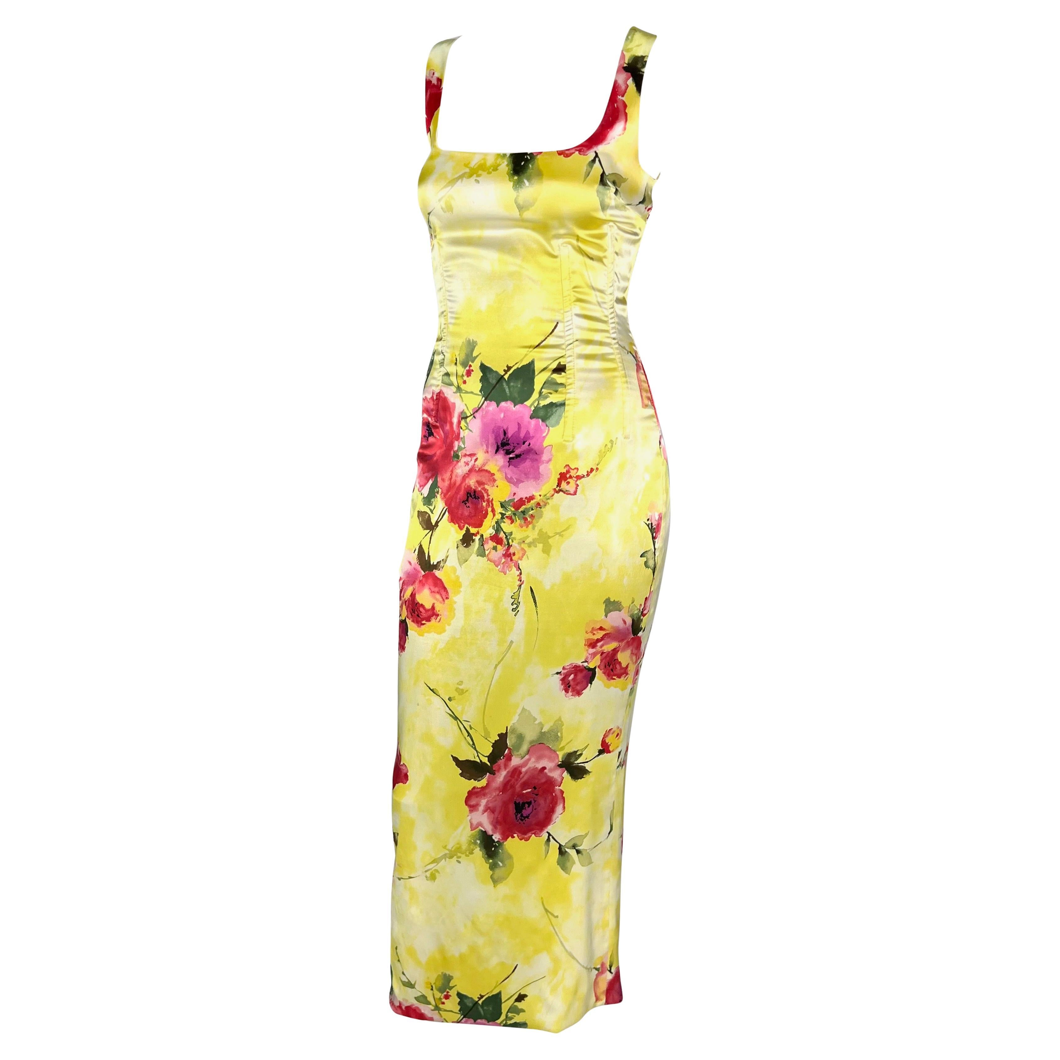 2000s Dolce & Gabbana Corset Boned Yellow Floral Print Bodycon Maxi Dress  In Good Condition For Sale In West Hollywood, CA