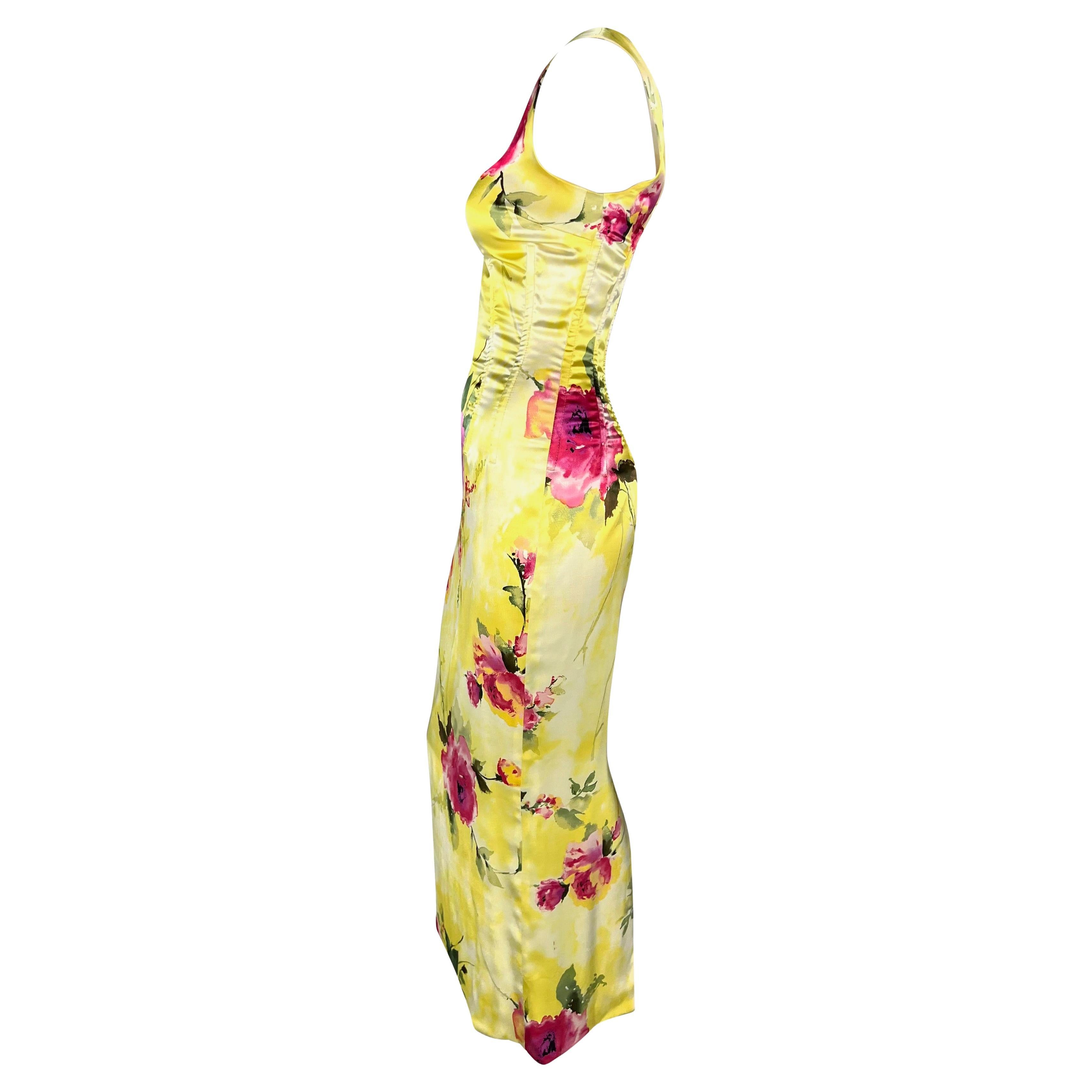 2000s Dolce & Gabbana Corset Boned Yellow Floral Print Bodycon Maxi Dress In Good Condition In West Hollywood, CA