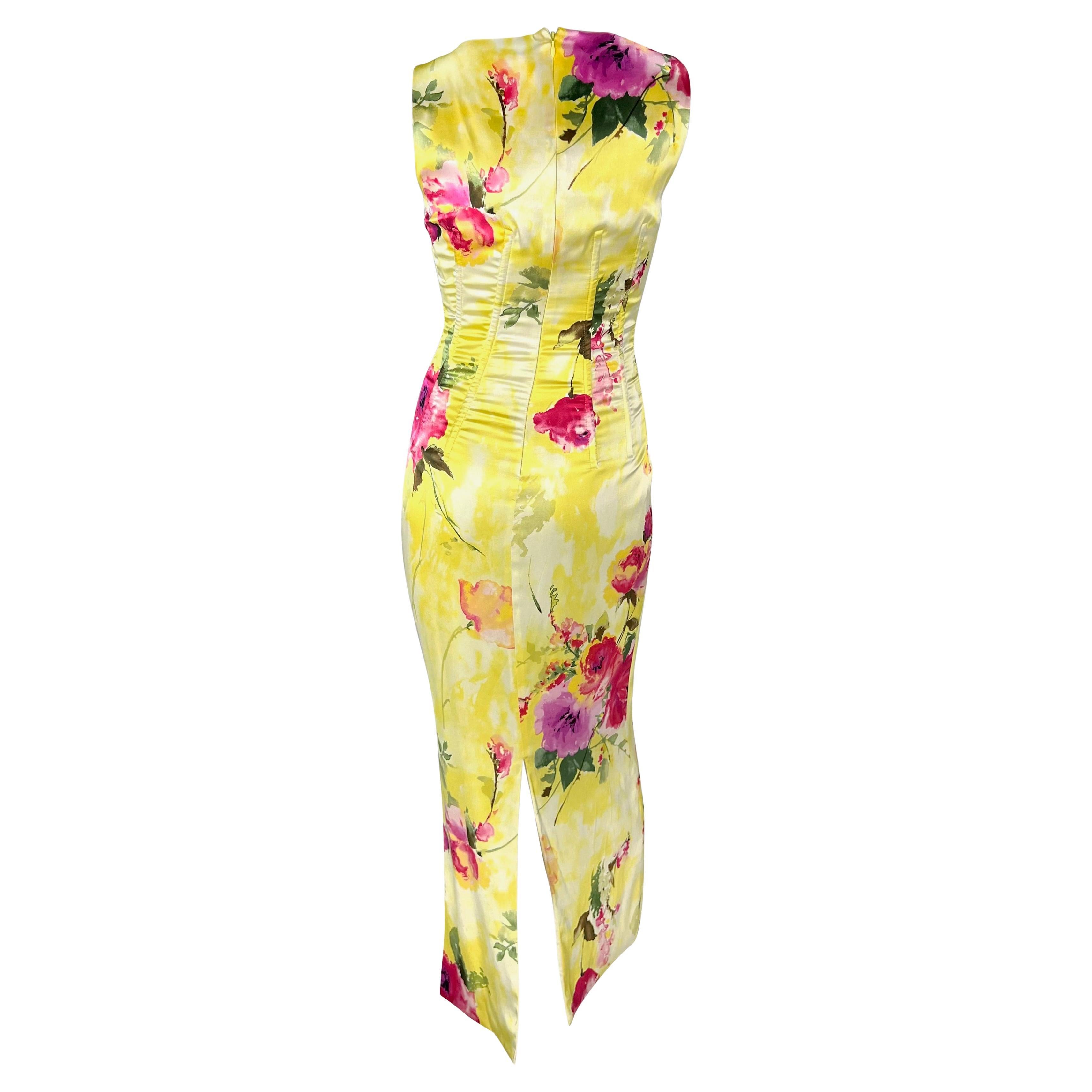 2000s Dolce & Gabbana Corset Boned Yellow Floral Print Bodycon Maxi Dress  For Sale 1