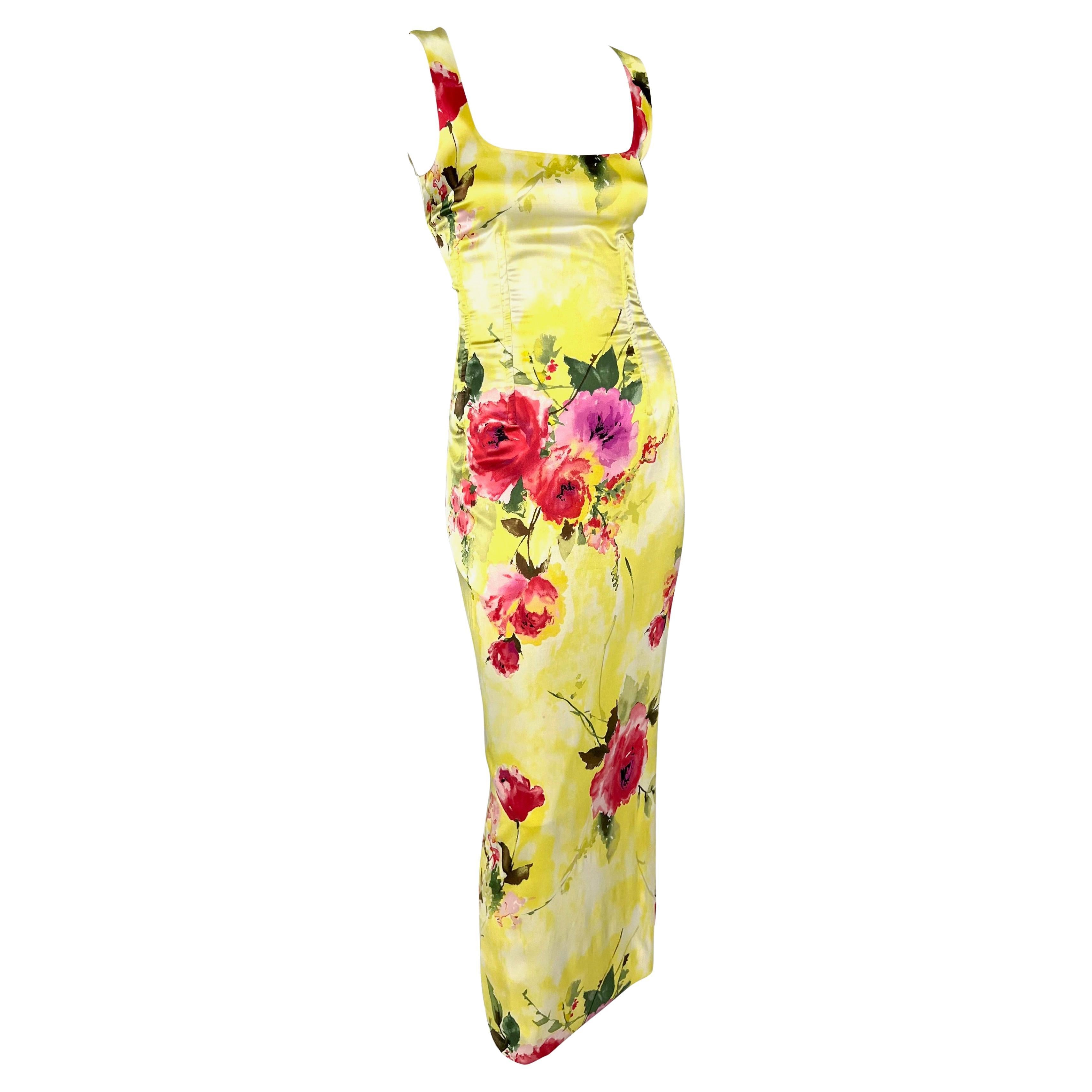 2000s Dolce & Gabbana Corset Boned Yellow Floral Print Bodycon Maxi Dress  For Sale 4