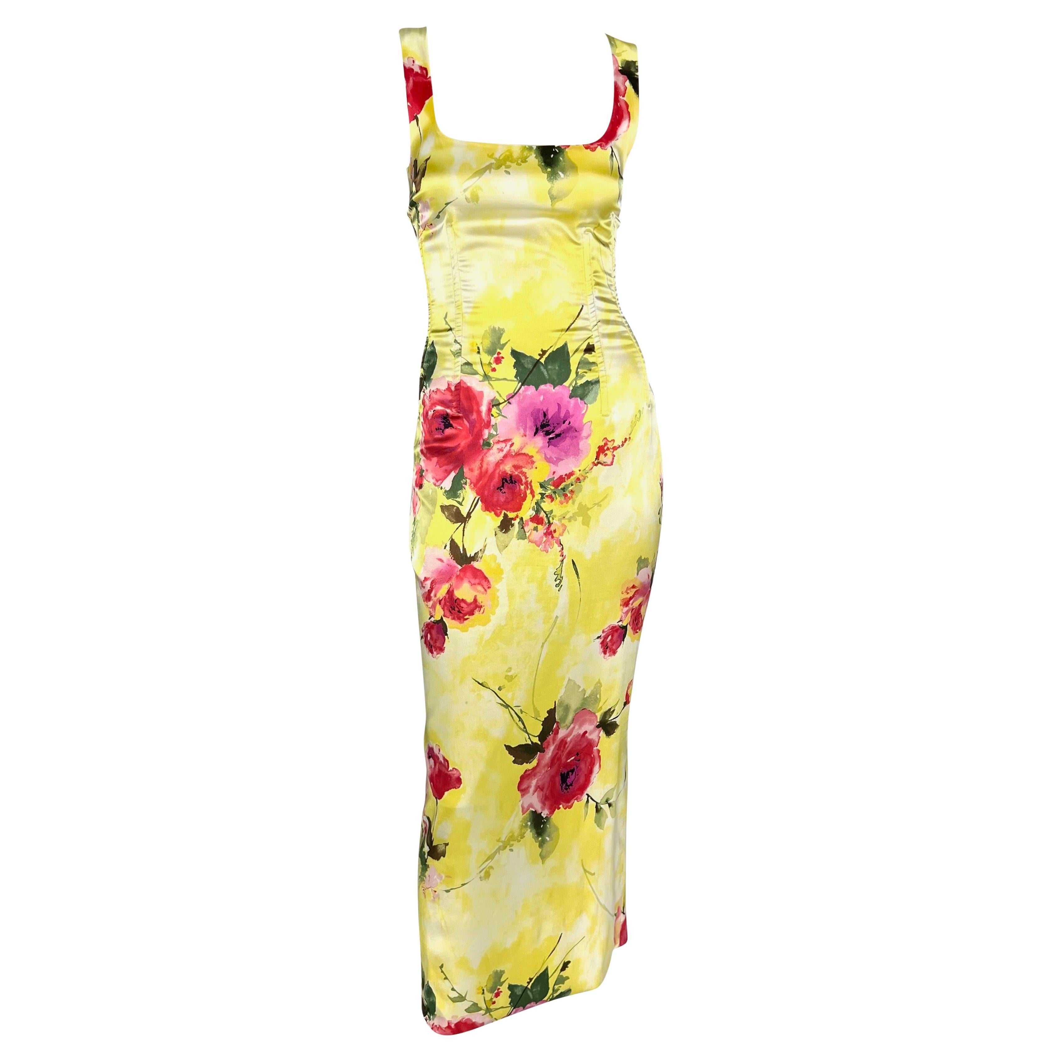 2000s Dolce & Gabbana Corset Boned Yellow Floral Print Bodycon Maxi Dress