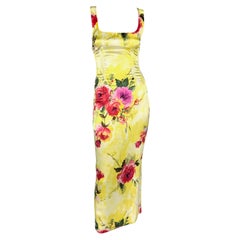 2000s Dolce & Gabbana Corset Boned Yellow Floral Print Bodycon Maxi Dress