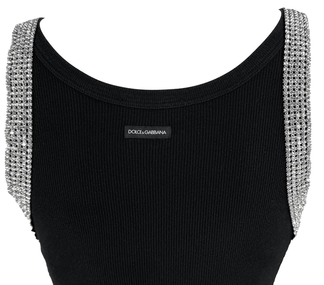 Canotta anni 2000 Dolce & Gabbana con logo a coste nere impreziosite da cristalli e strass in vendita 1