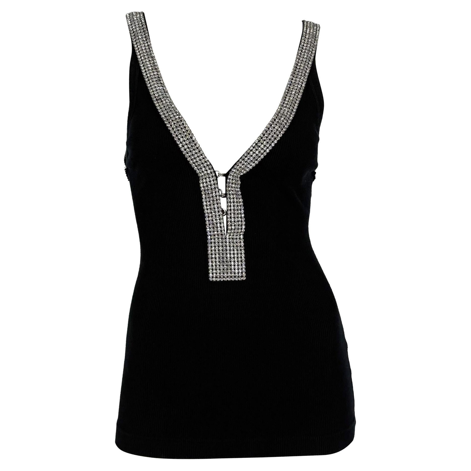 2000s Dolce & Gabbana Crystal Rhinestone Embellished Black Ribbed Logo Tank Top