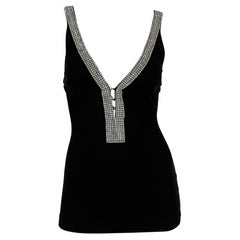 2000s Dolce & Gabbana Crystal Rhinestone Embellished Black Ribbed Logo Tank Top
