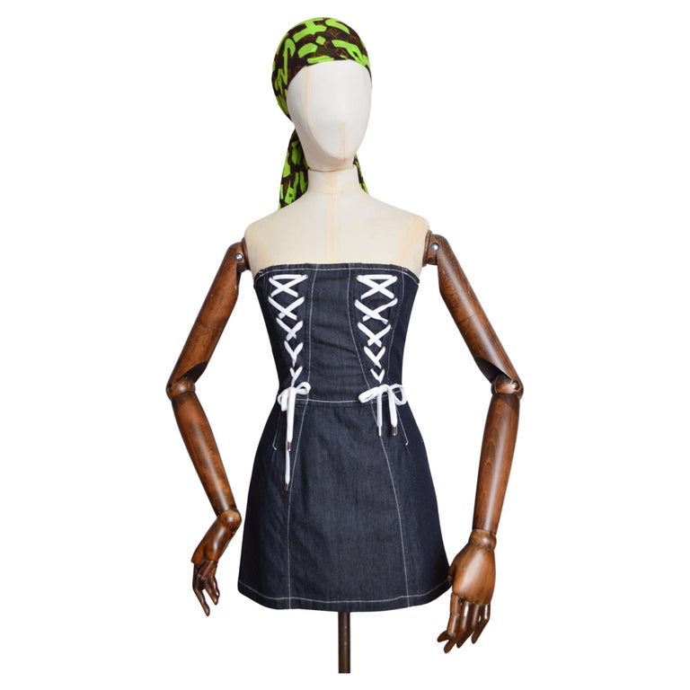 2000's Dolce & Gabbana Dark Blue Denim Strapless Sporty Corset Mini Dress