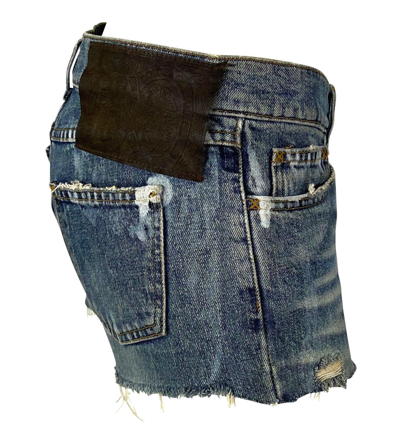 Gray 2000s Dolce & Gabbana Distressed Painted Denim Horseshoe Cutoff Short Shorts For Sale