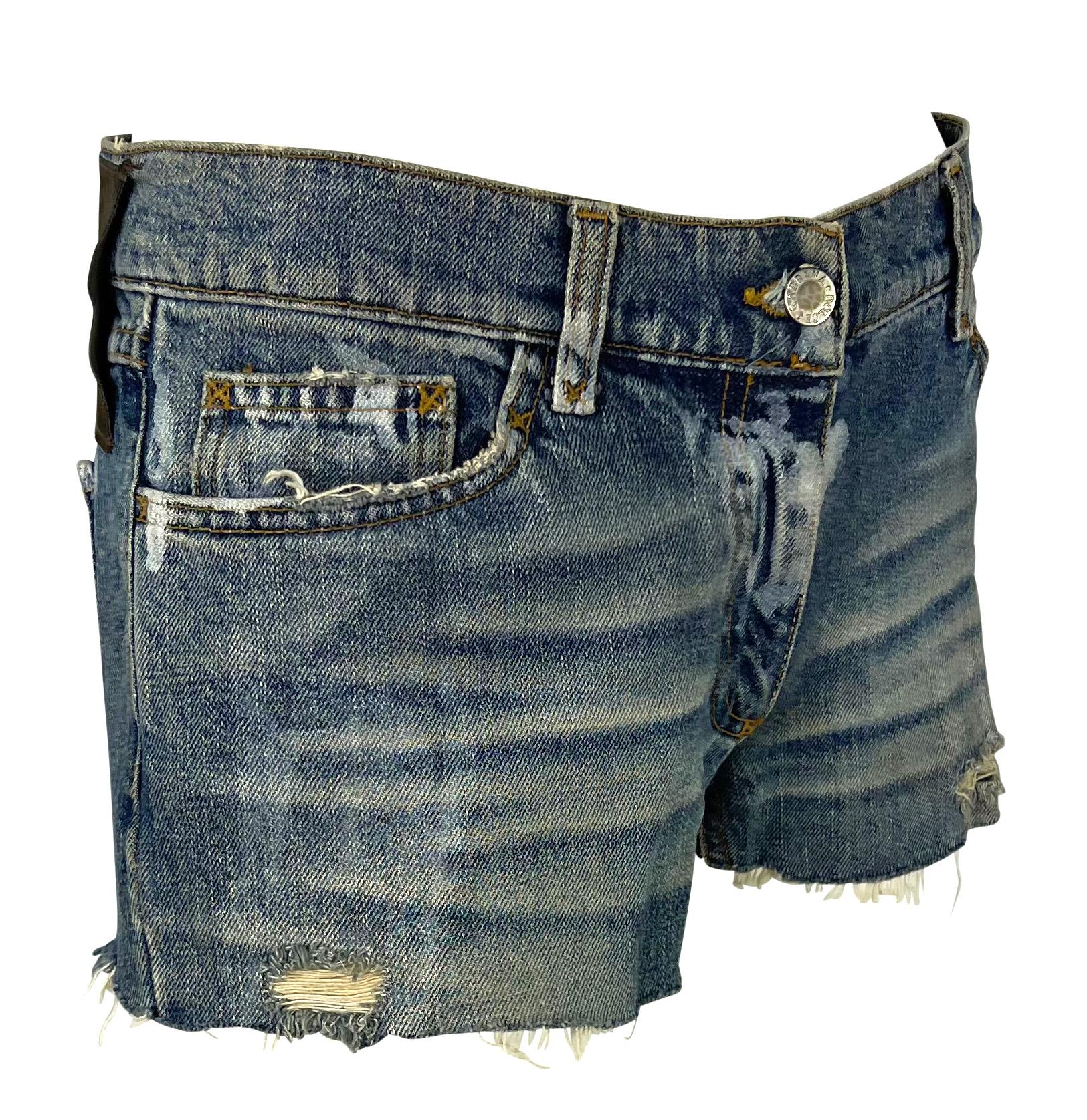 2000s Dolce & Gabbana Distressed Painted Denim Horseshoe Cutoff Short Shorts In Excellent Condition For Sale In West Hollywood, CA