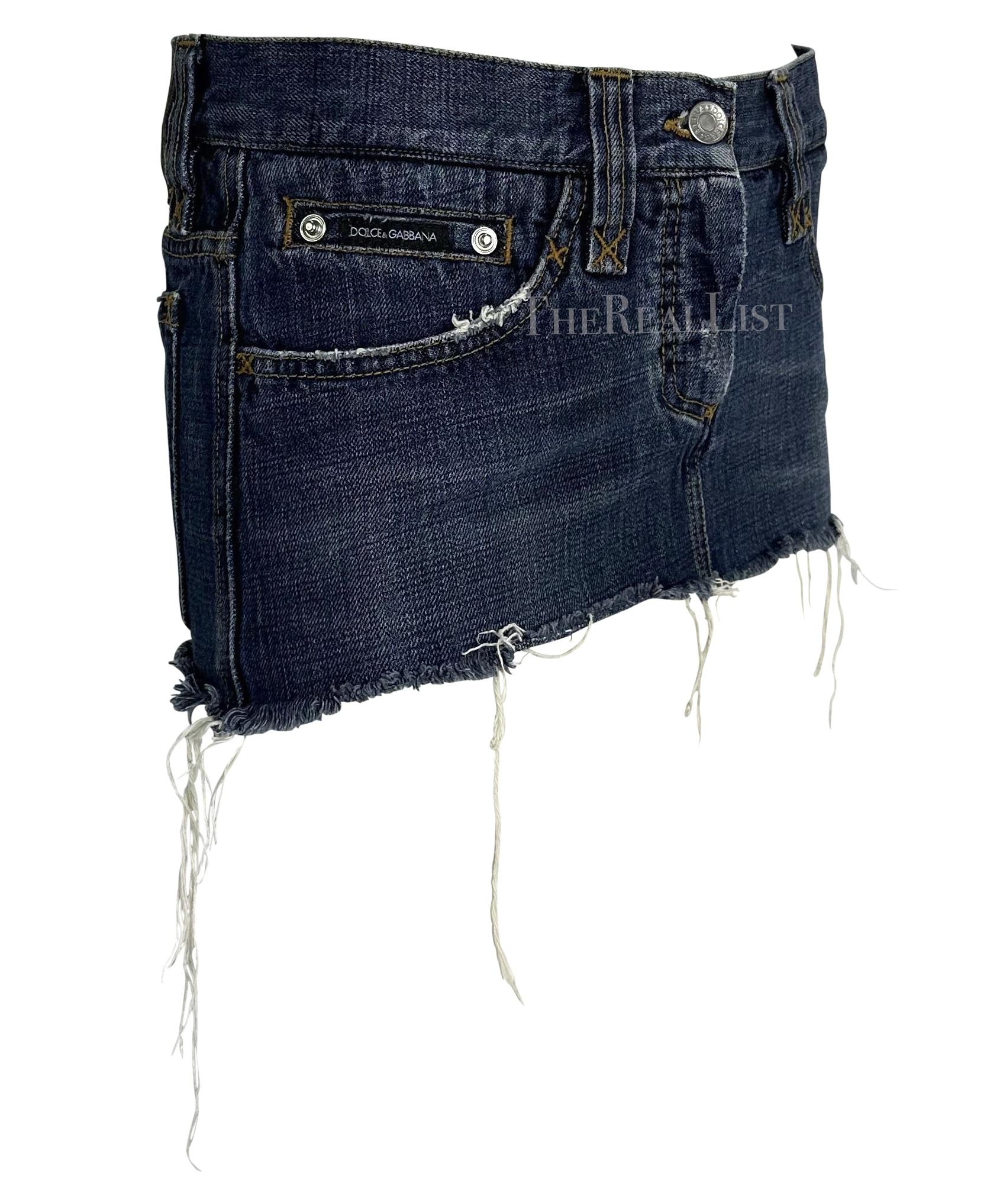 2000s Dolce & Gabbana Distressed Super Mini Denim Logo Skirt  In Good Condition For Sale In West Hollywood, CA
