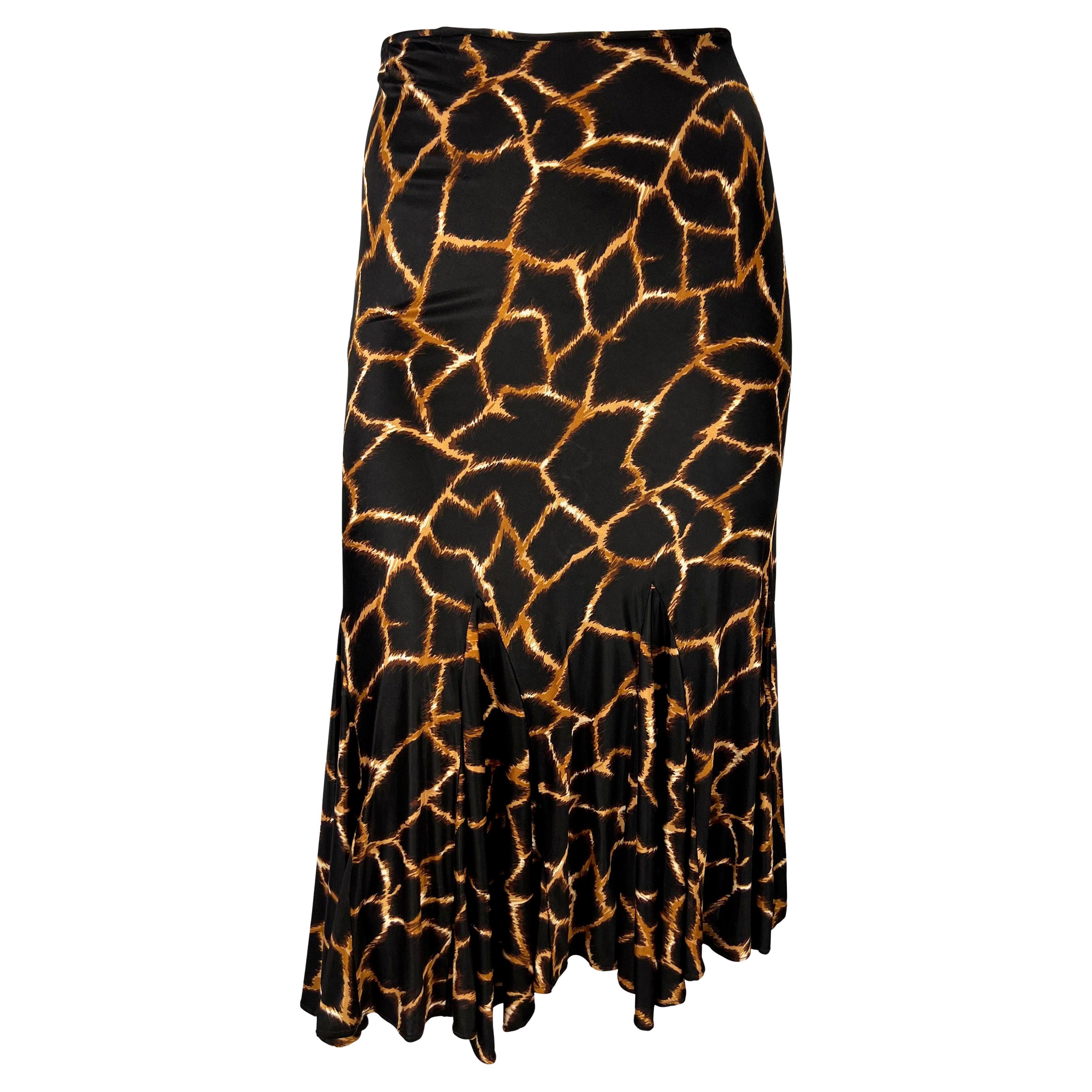 2000s Dolce & Gabbana Giraffe Print Brown Viscose Flare Skirt