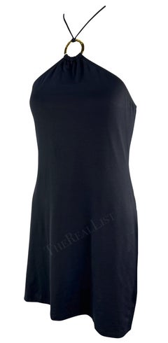 2000s Dolce & Gabbana Gold Logo Ring Halter Neck Bodycon Flare Beach Swim Dress