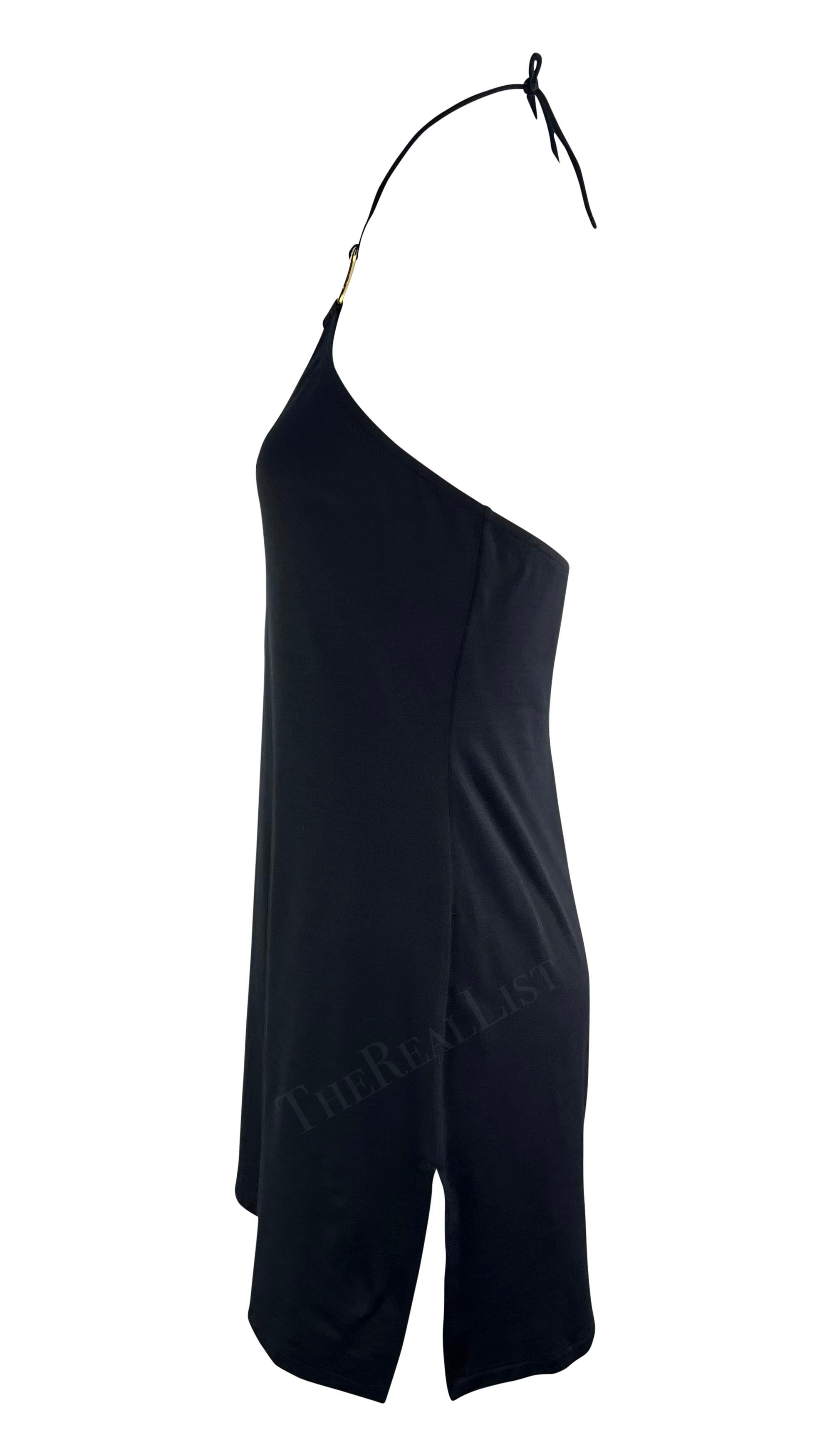 Black 2000s Dolce & Gabbana Gold Logo Ring Halter Neck Bodycon Flare Beach Swim Dress For Sale