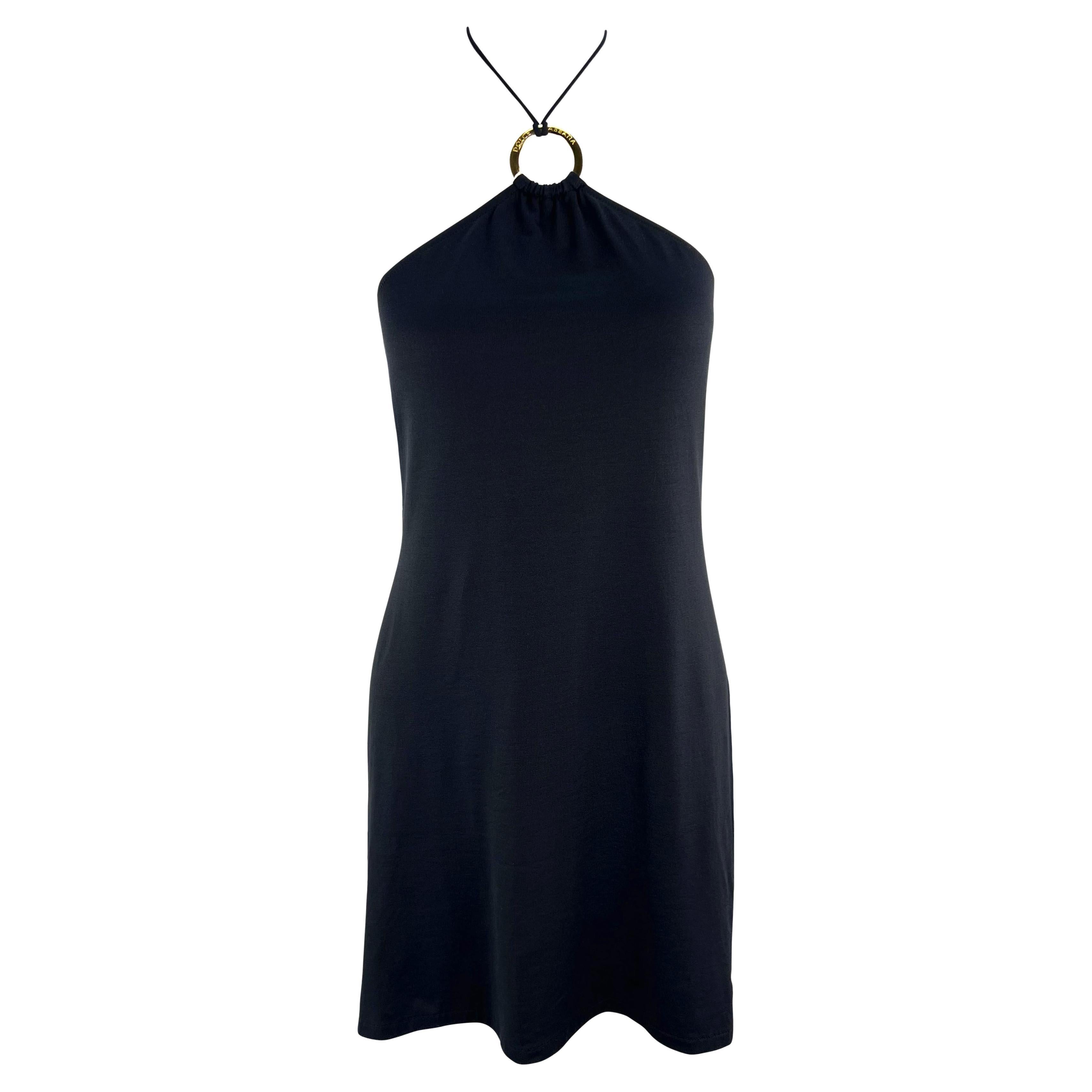 2000s Dolce & Gabbana Gold Logo Ring Halter Neck Bodycon Flare Beach Swim Dress For Sale