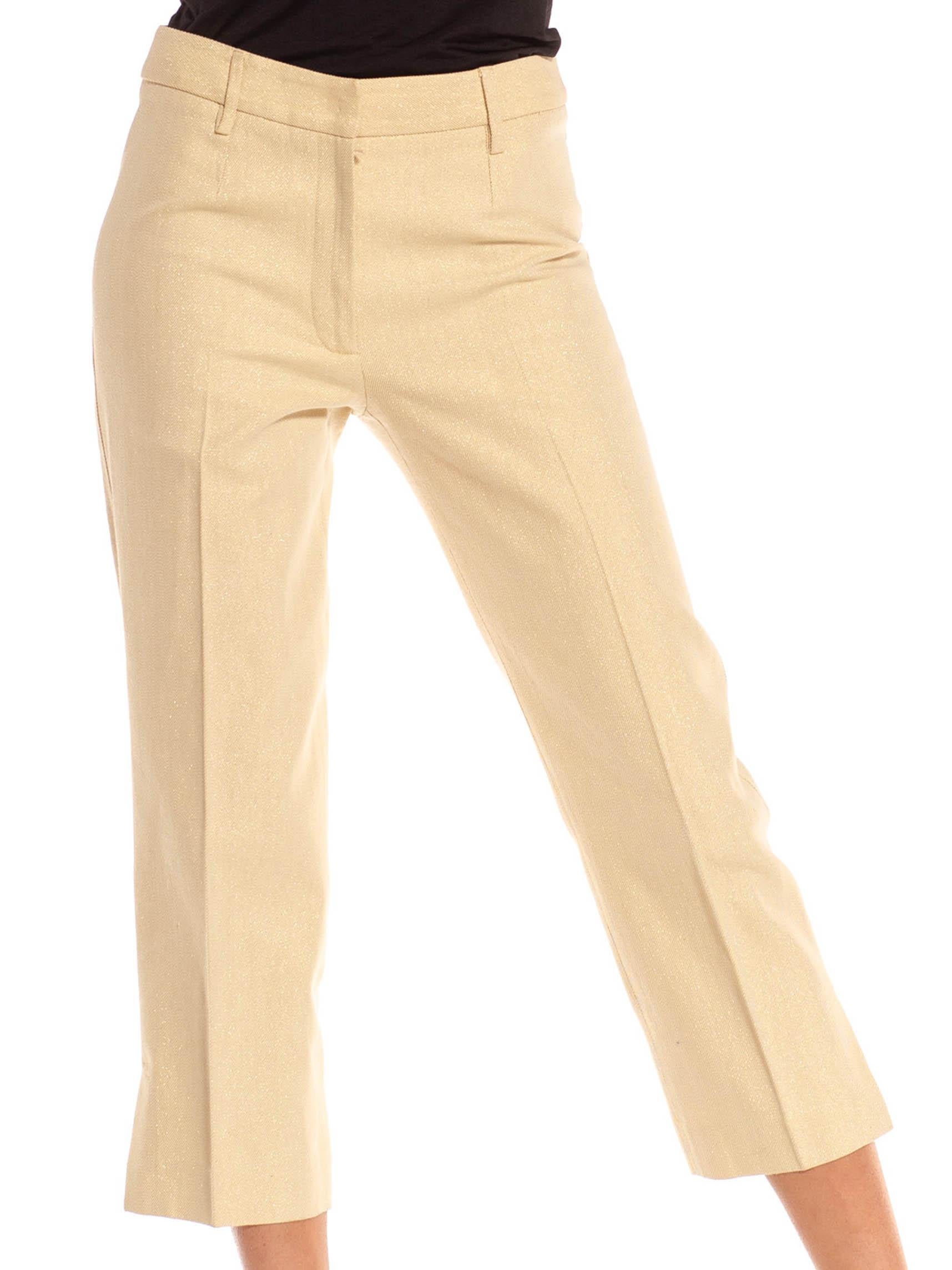 Women's 2000S Dolce & Gabbana Golden Yellow Cotton Blend Canvas Metallic Woven Pants For Sale