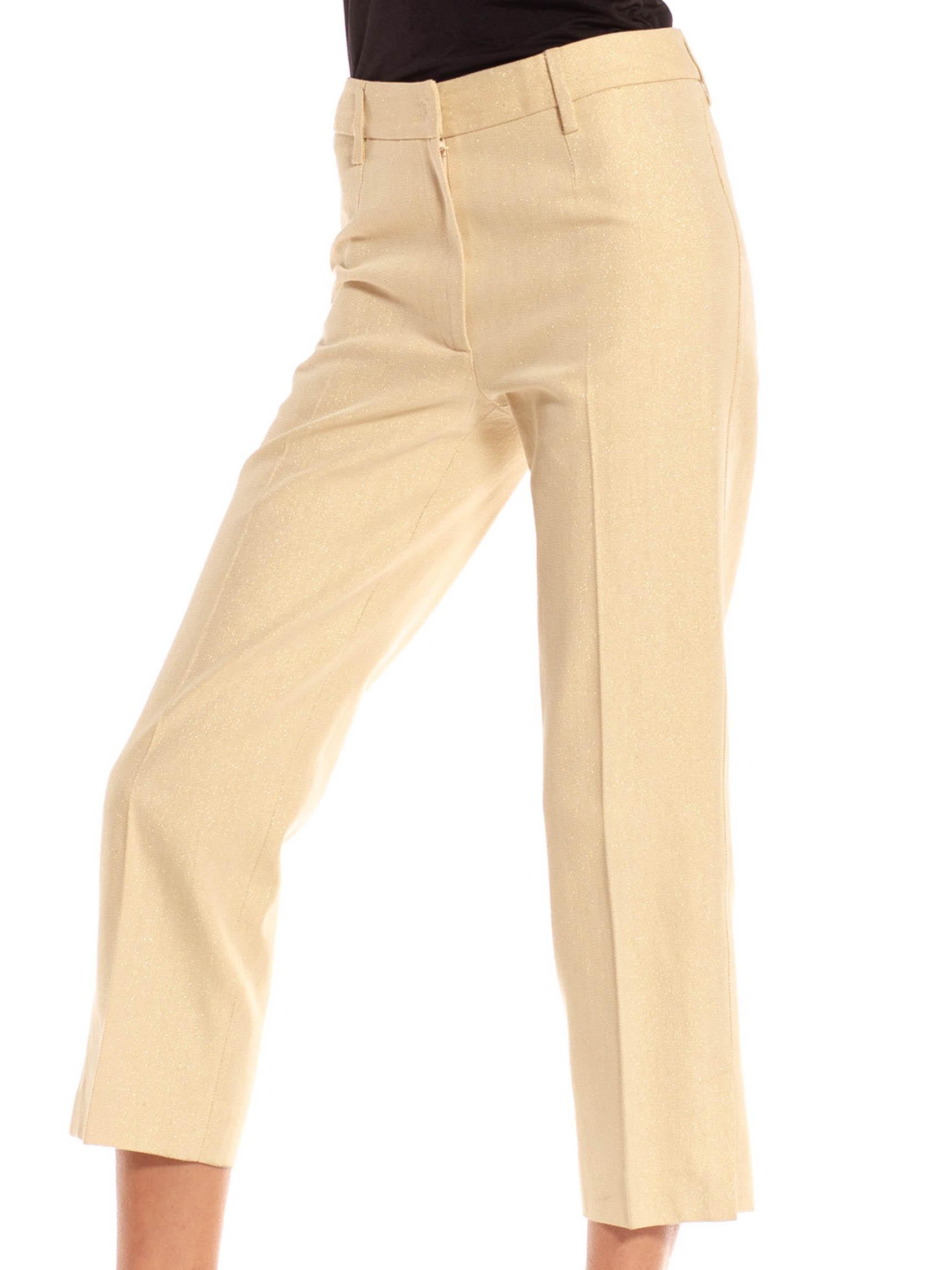 2000S Dolce & Gabbana Golden Yellow Cotton Blend Canvas Metallic Woven Pants For Sale 1