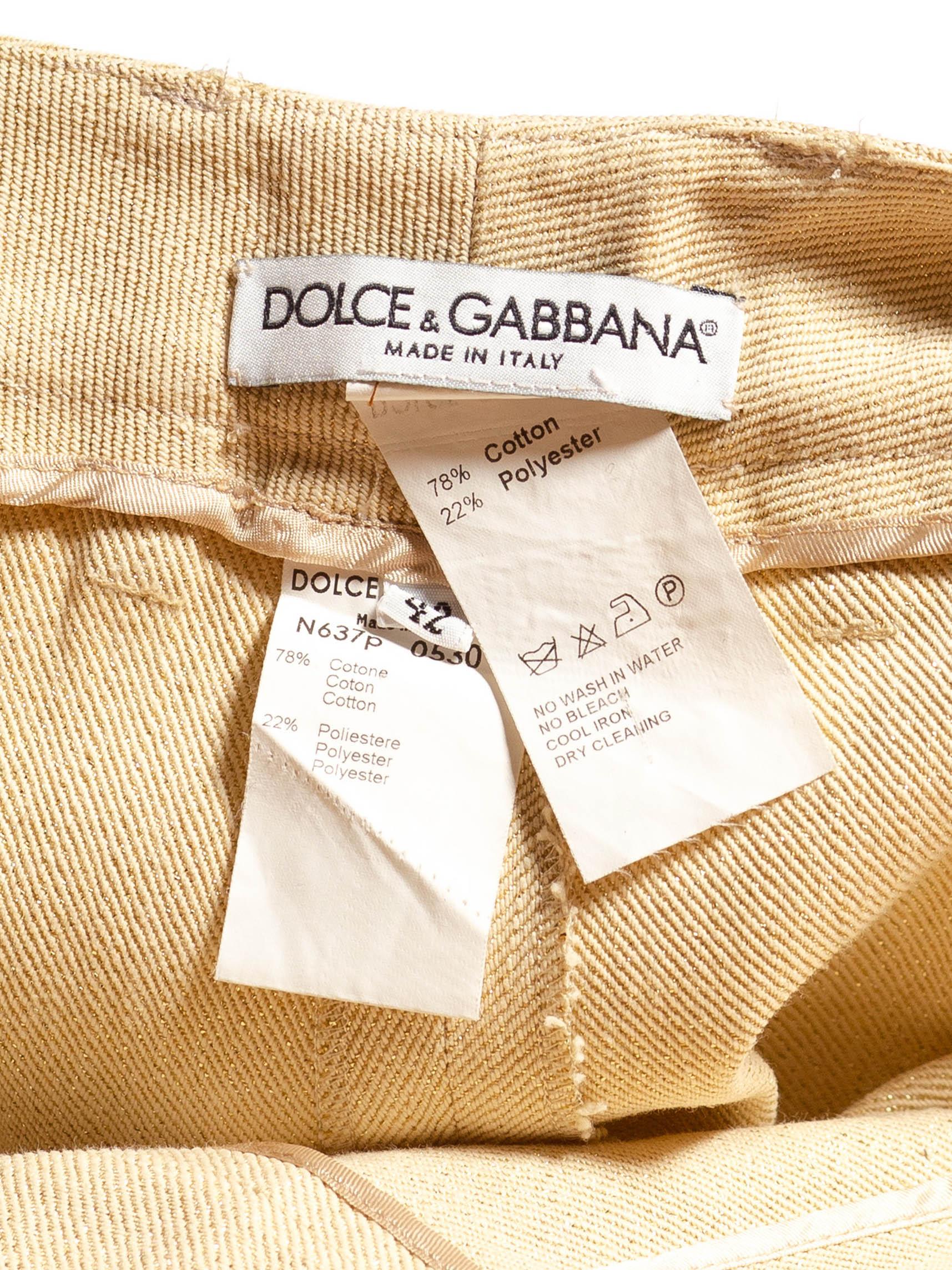 2000S Dolce & Gabbana Golden Yellow Cotton Blend Canvas Metallic Woven Pants For Sale 3
