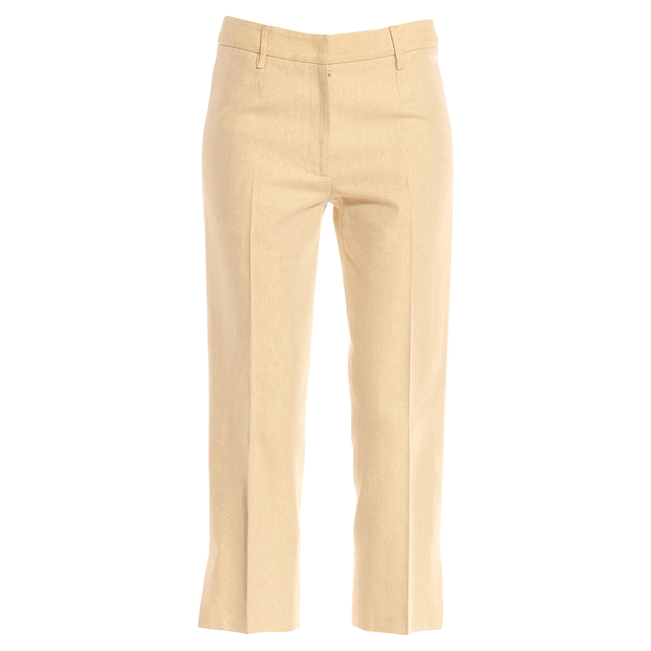 2000S DOLCE & GABBANA Pantalon tissé en toile de coton mélangé métallisé jaune d'or en vente