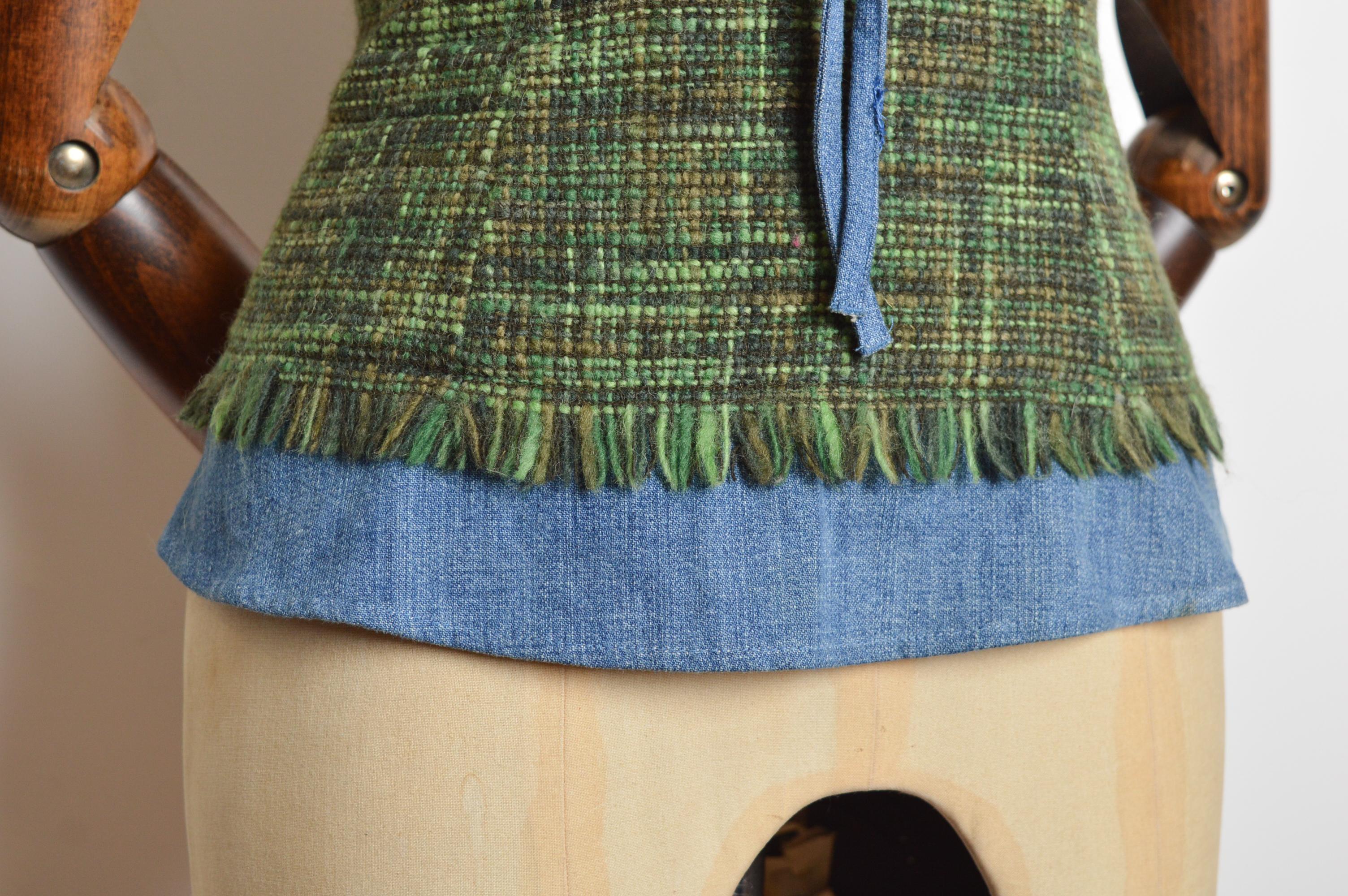 Dolce & Gabbana anni 2000: bustier a corsetto in pizzo e tweed verde con corpetto in denim in vendita 1