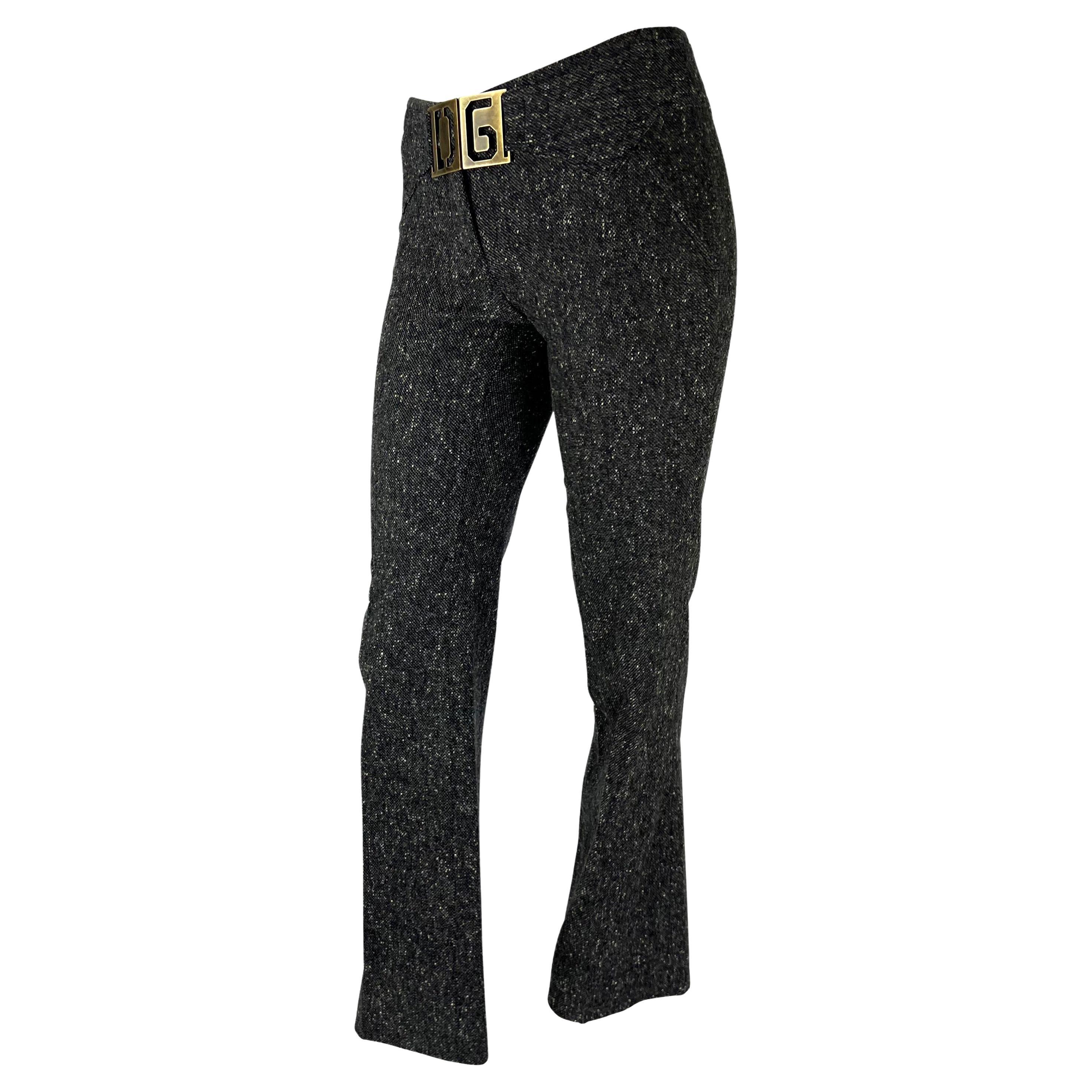 2000s Dolce and Gabbana Grey Tweed DG Logo Buckle Lambswool Pants For Sale at 1stDibs