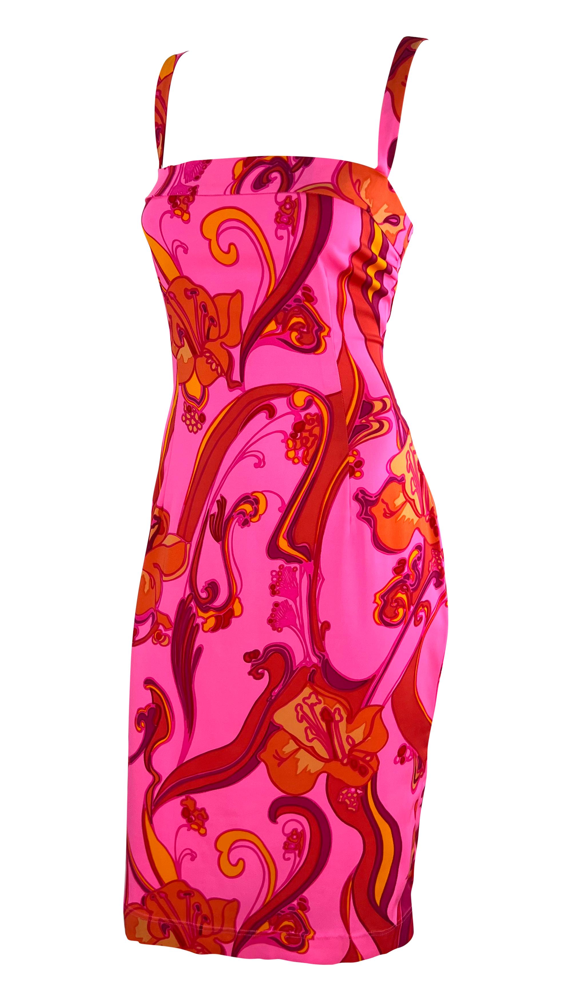 2000s Dolce & Gabbana Hot Pink Psychedelic Stretch Silk Floral Bodycon Dress In Excellent Condition For Sale In West Hollywood, CA