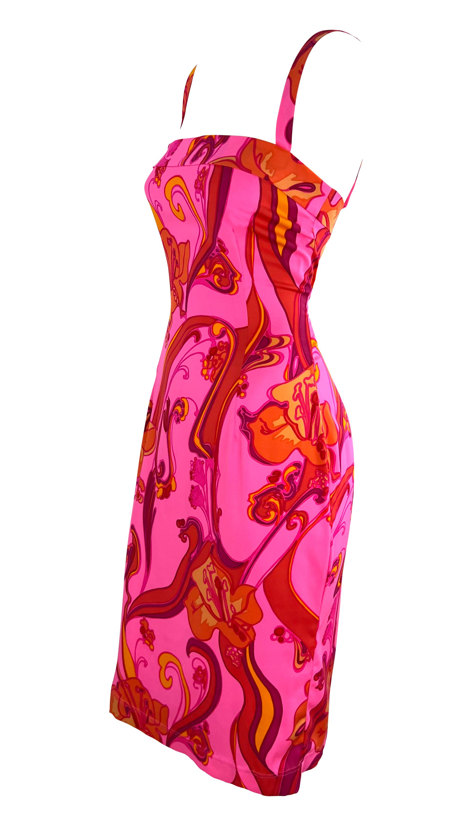 Women's 2000s Dolce & Gabbana Hot Pink Psychedelic Stretch Silk Floral Bodycon Dress For Sale