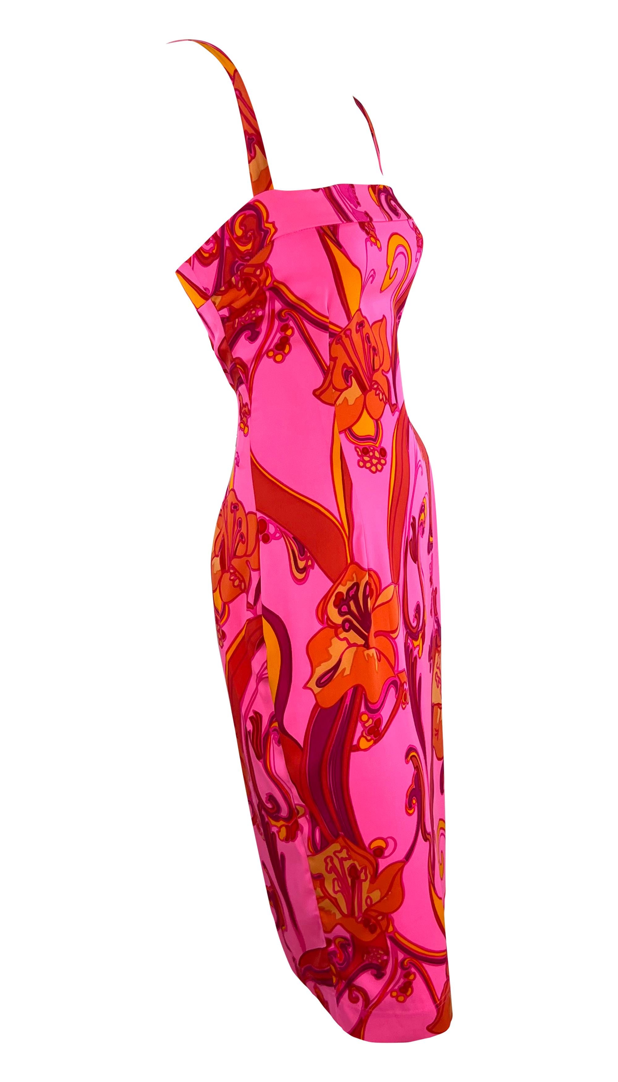 2000s Dolce & Gabbana Hot Pink Psychedelic Stretch Silk Floral Bodycon Dress For Sale 3