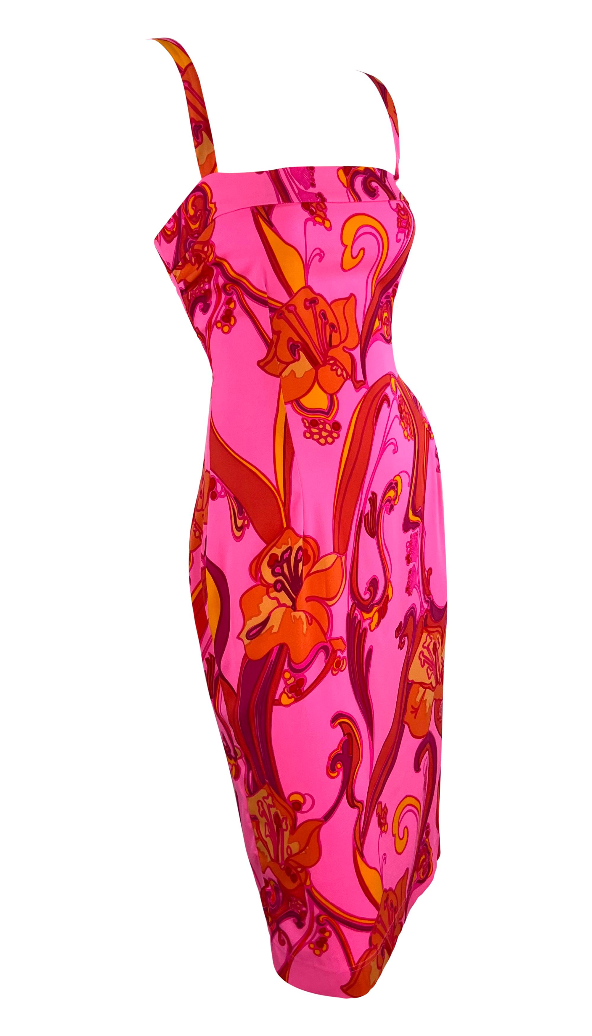 2000s Dolce & Gabbana Hot Pink Psychedelic Stretch Silk Floral Bodycon Dress For Sale 4