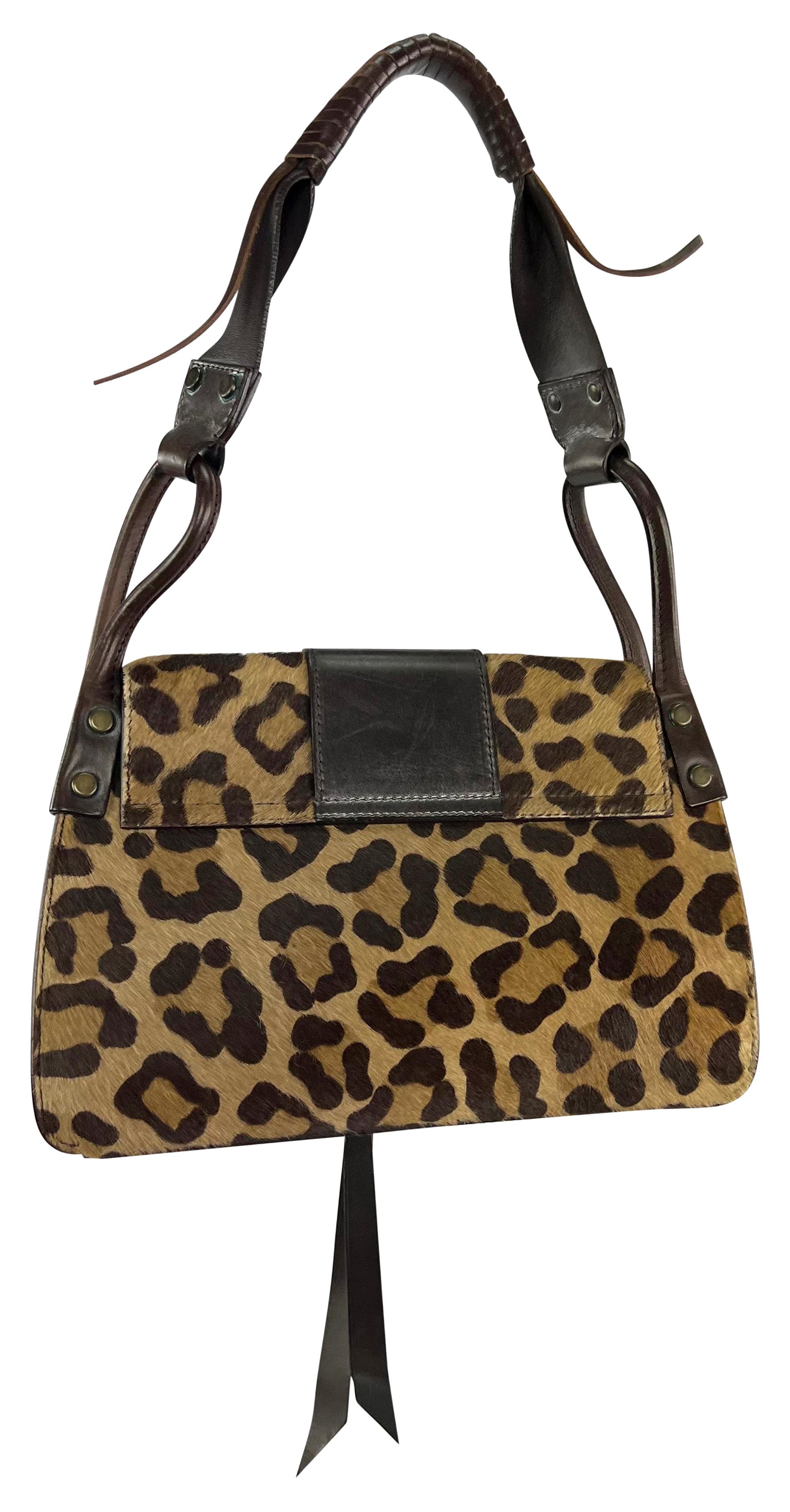 Women's 2000s Dolce & Gabbana Leopard Print Ponyhair Distressed Brown Ring Shoulder Bag For Sale