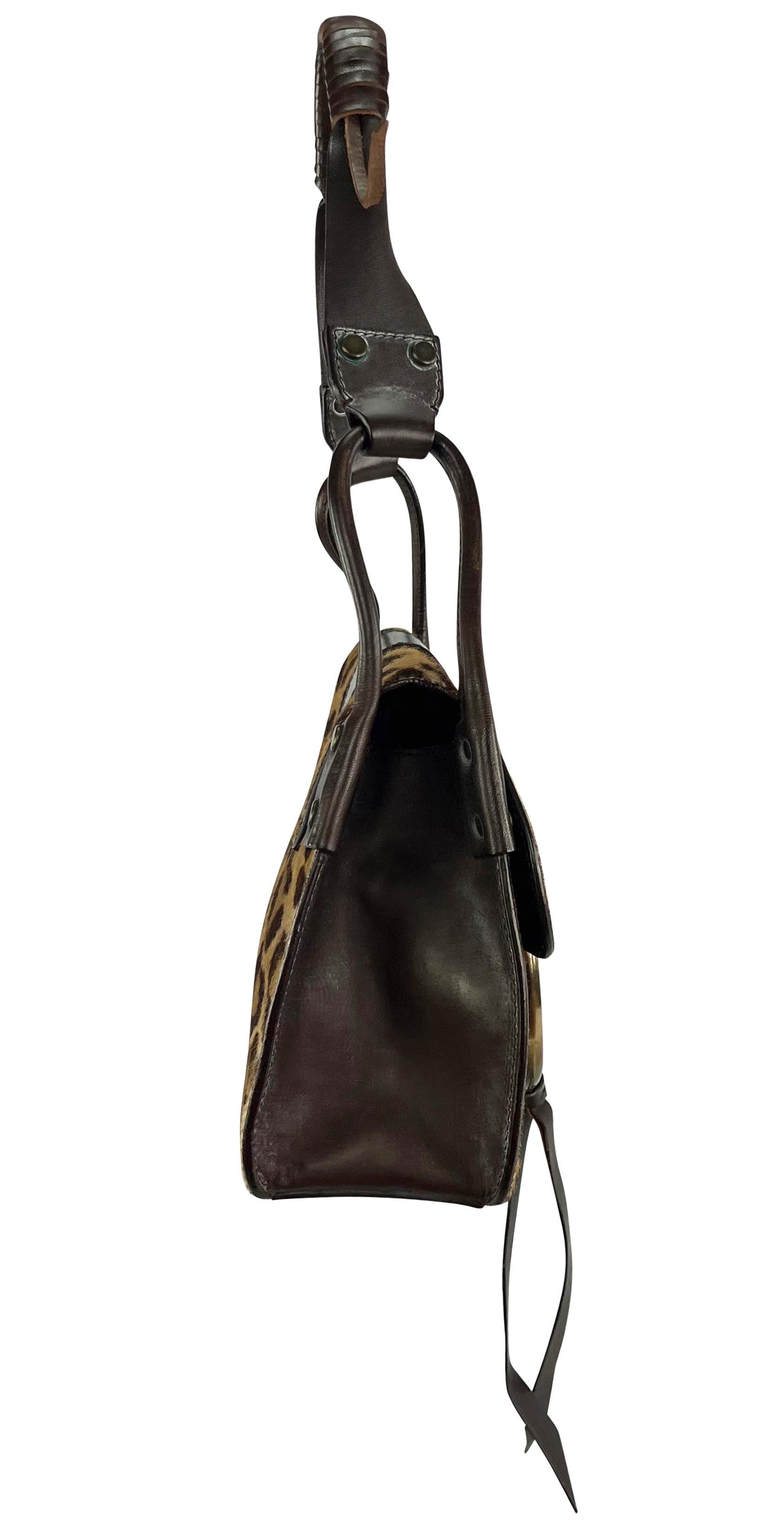 2000s Dolce & Gabbana Leopard Print Ponyhair Distressed Brown Ring Shoulder Bag For Sale 1