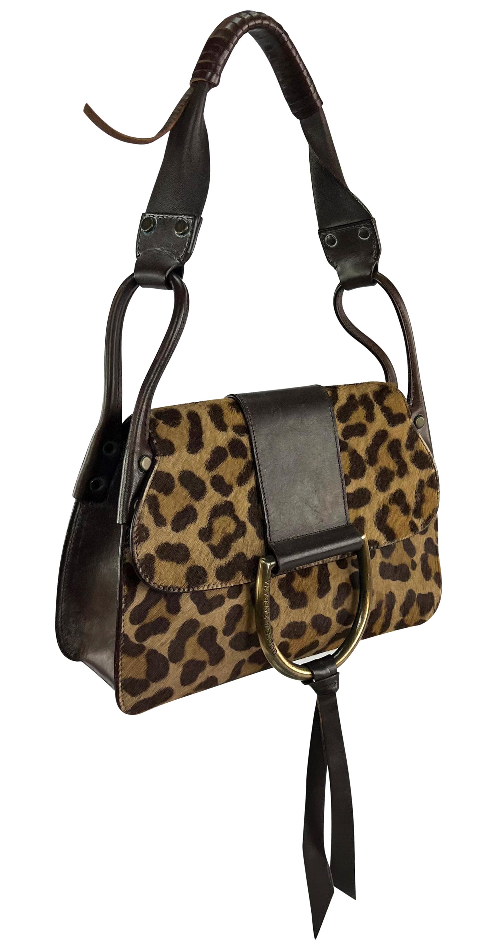 2000s Dolce & Gabbana Leopard Print Ponyhair Distressed Brown Ring Shoulder Bag For Sale 2