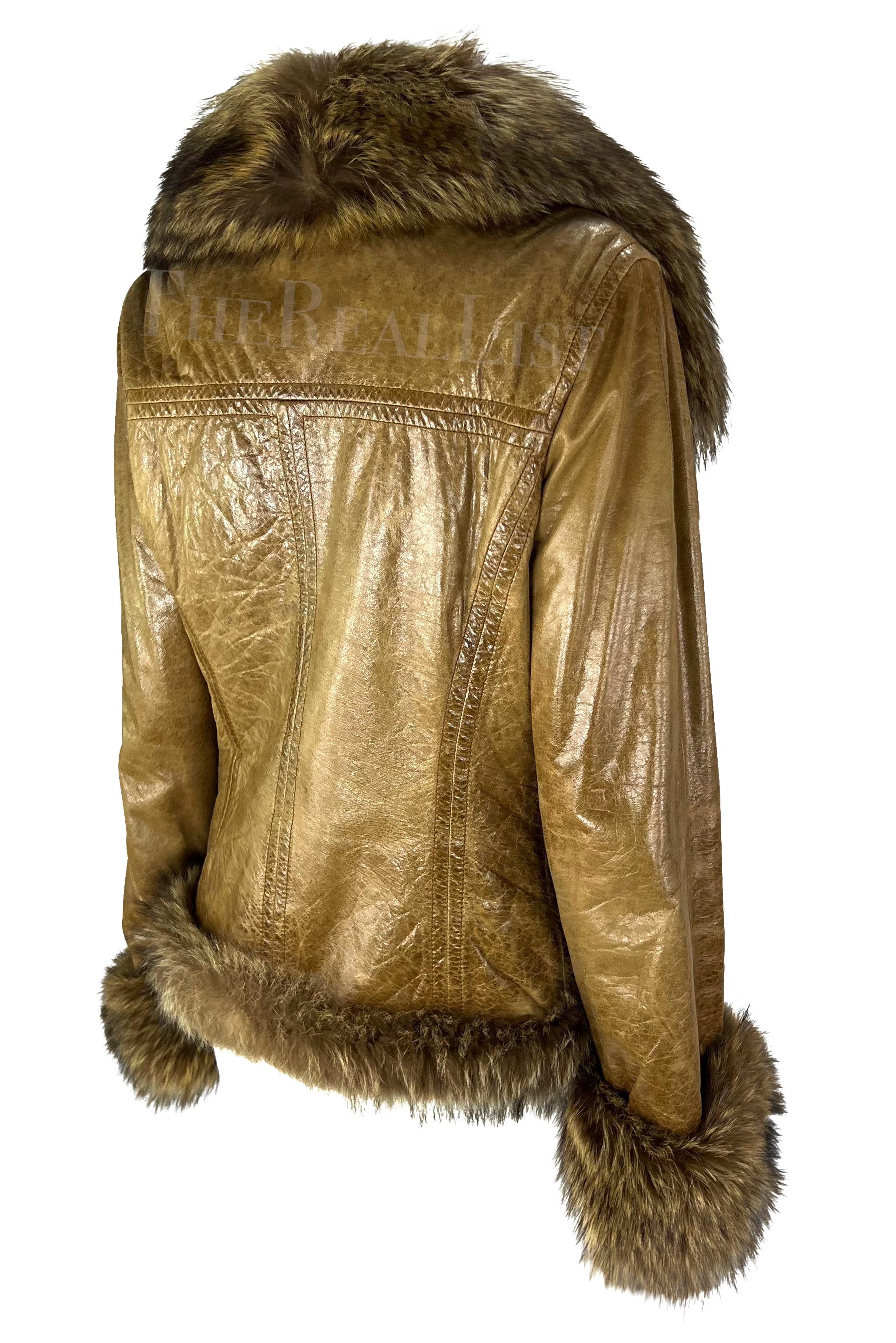 2000s Dolce & Gabbana Logo Buckle Brown Distressed Patent Leather Fur Coat In Excellent Condition For Sale In West Hollywood, CA