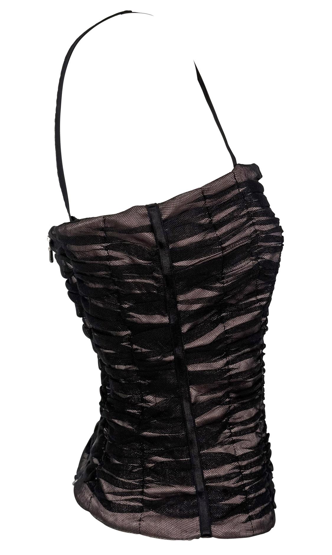 2000s Dolce & Gabbana Pale Pink Satin Ruched Black Mesh Corset Boned Bustier Top In Excellent Condition For Sale In West Hollywood, CA