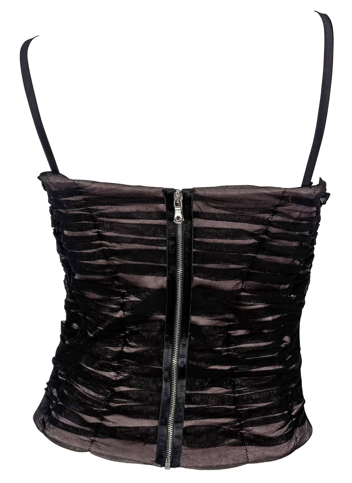 Women's 2000s Dolce & Gabbana Pale Pink Satin Ruched Black Mesh Corset Boned Bustier Top For Sale
