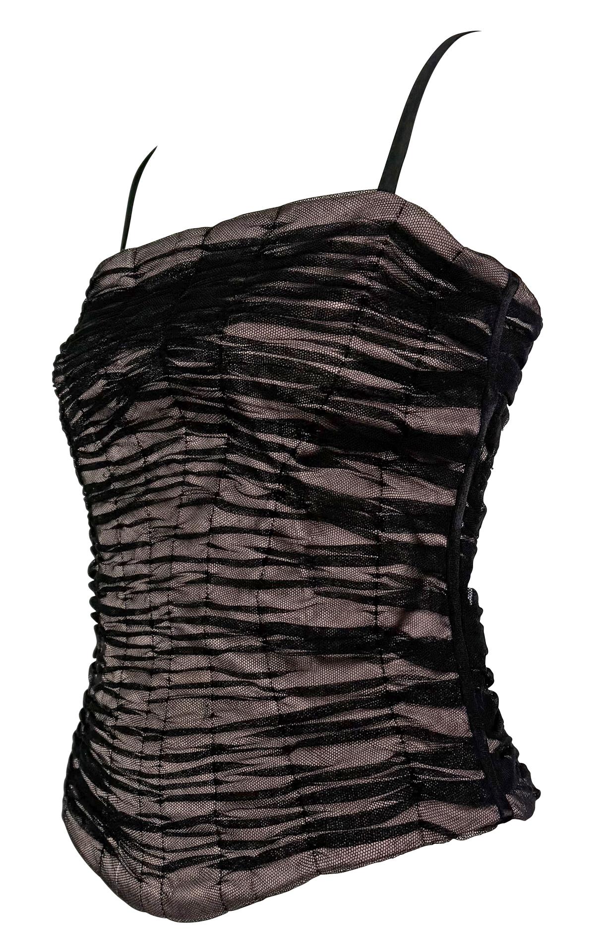 2000s Dolce & Gabbana Pale Pink Satin Ruched Black Mesh Corset Boned Bustier Top For Sale 2