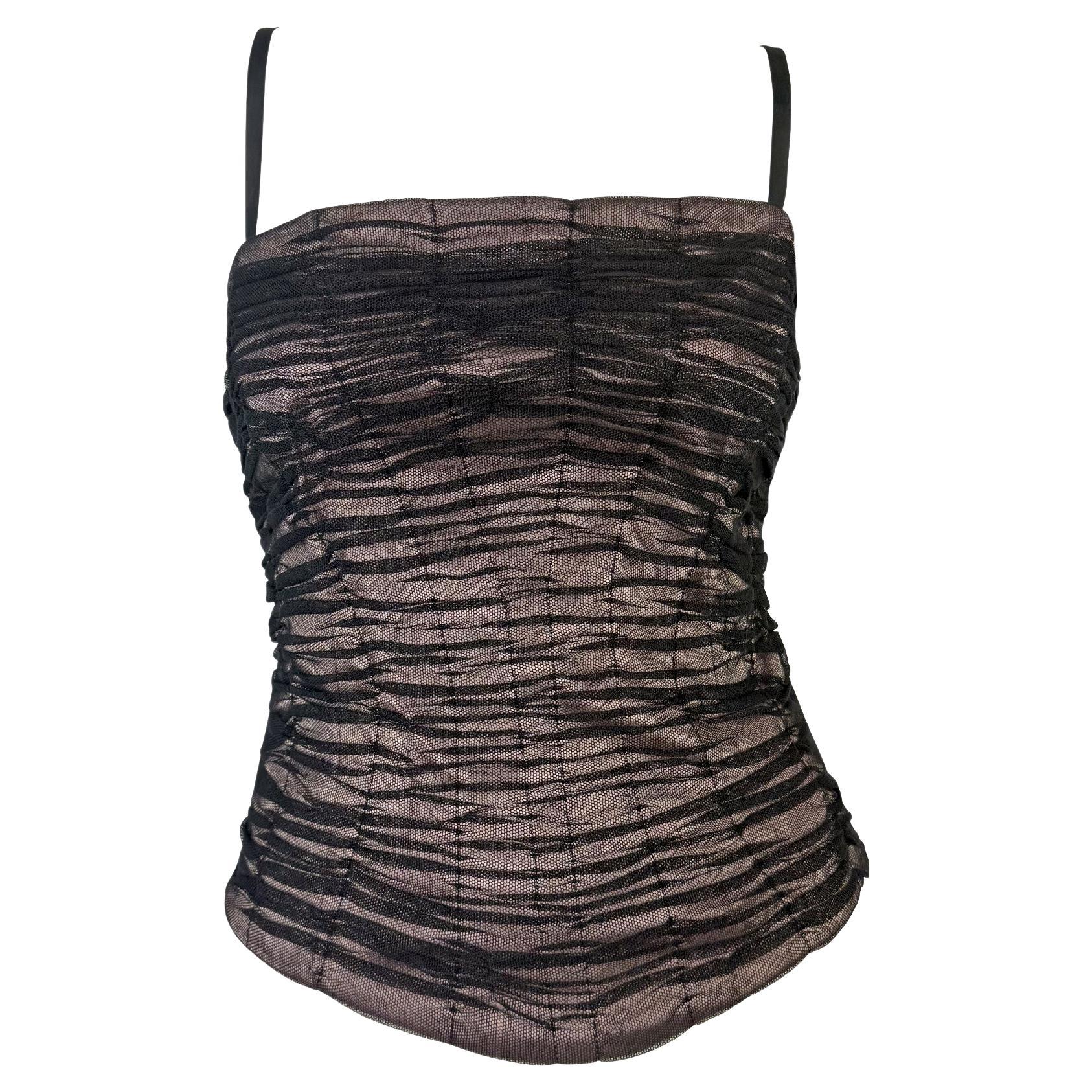 2000s Dolce & Gabbana Pale Pink Satin Ruched Black Mesh Corset Boned Bustier Top For Sale