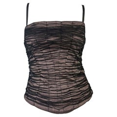 2000s Dolce & Gabbana Pale Pink Satin Ruched Black Mesh Corset Boned Bustier Top