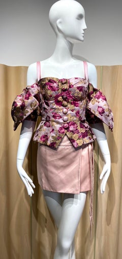 2000s Dolce & Gabbana Pink Burgundy Floral Brocade Corset Off Shoulder Top