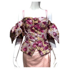 2000s Dolce & Gabbana Pink Burgundy Floral Brocade Corset Off Shoulder Top