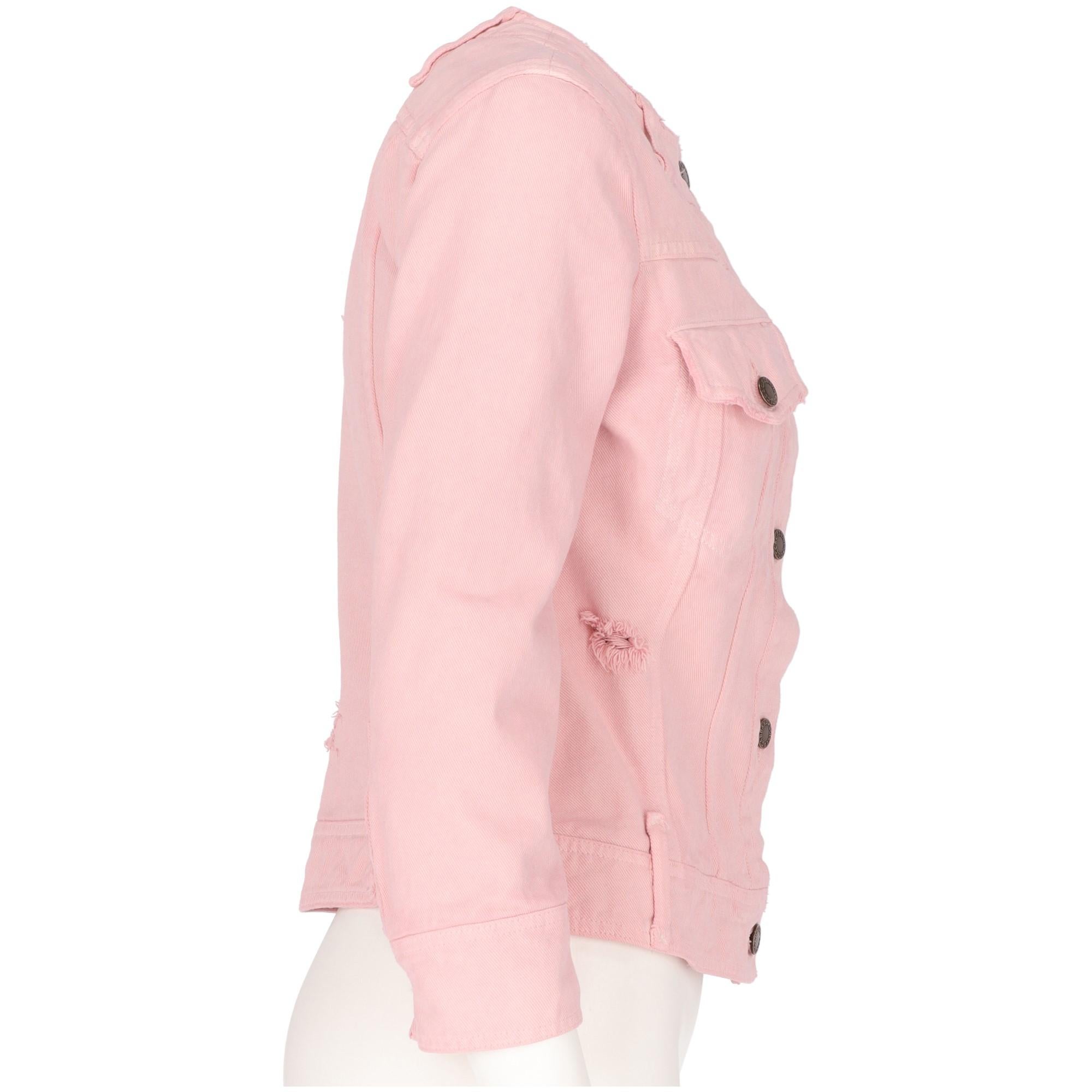 Dolce & Gabbana pink cotton denim short jacket, with round neckline, chest flapped pockets, decorative fabric rips, front branded button fastening, buttoned cuffs, belt loops on the neckline and the waist. The jacket is lined in animalier printed