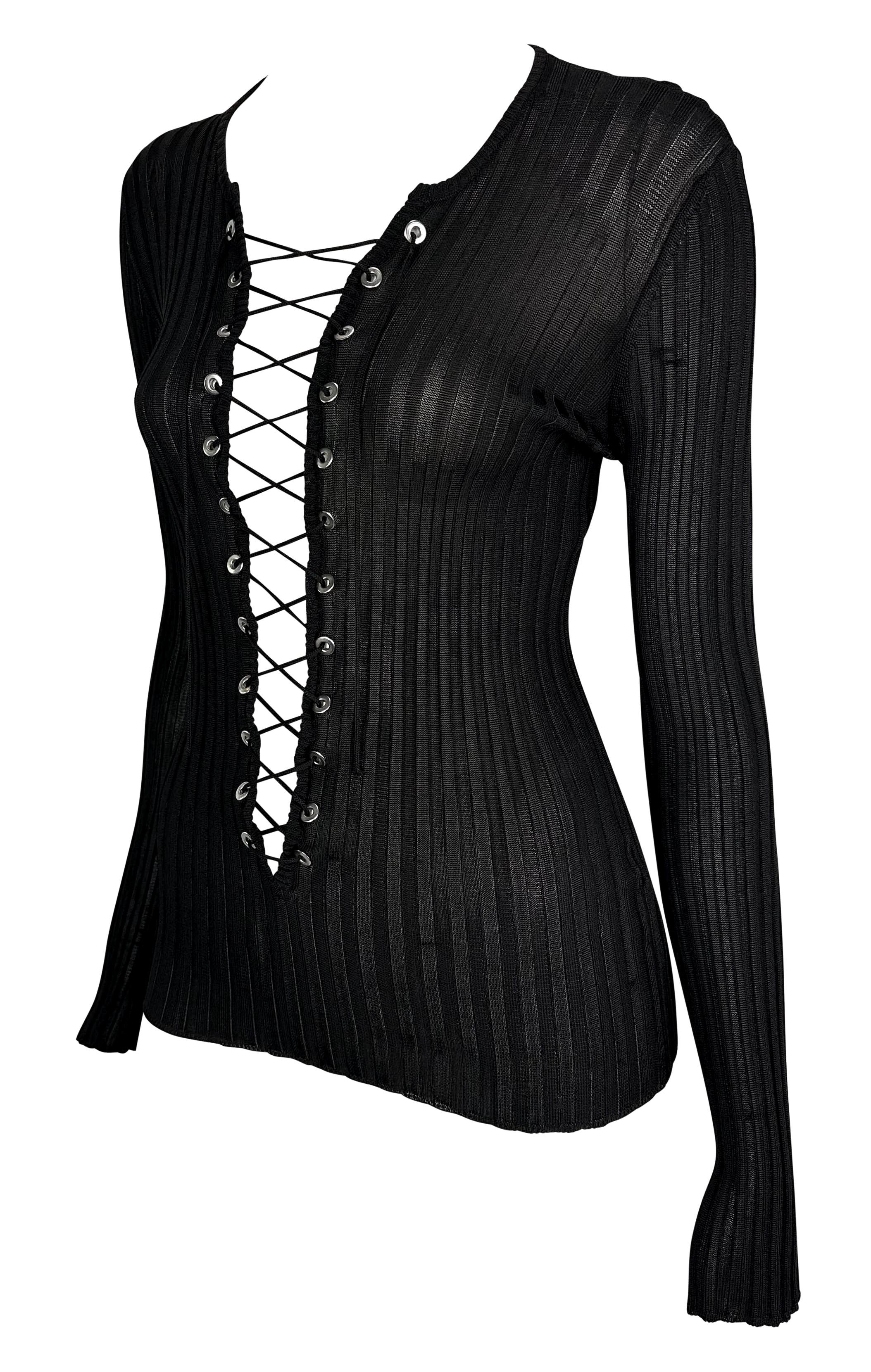 2000s Dolce & Gabbana Plunging Lace-Up Sheer Ribbed Black Long Sleeve Top In Good Condition For Sale In West Hollywood, CA