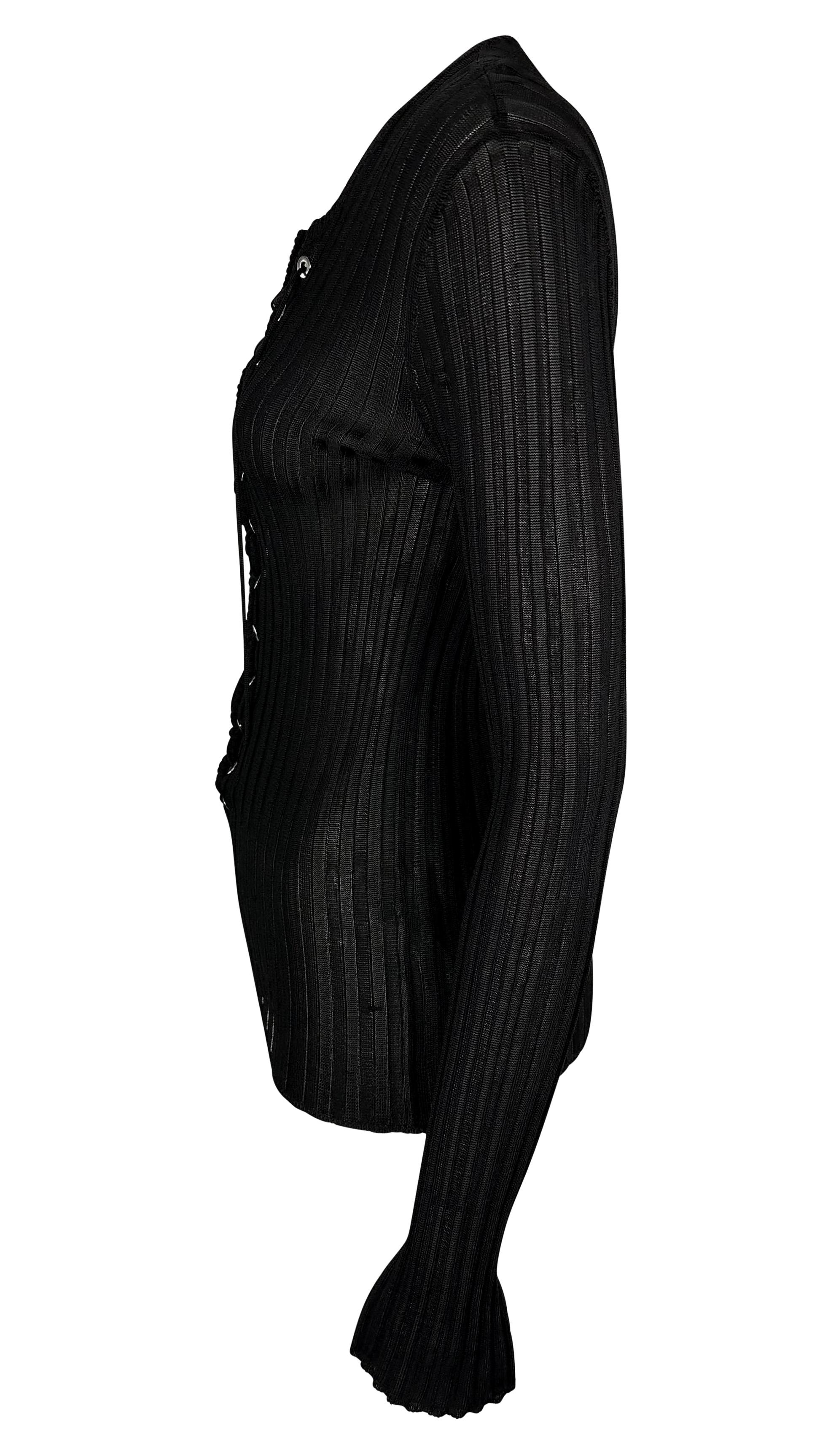Women's 2000s Dolce & Gabbana Plunging Lace-Up Sheer Ribbed Black Long Sleeve Top For Sale