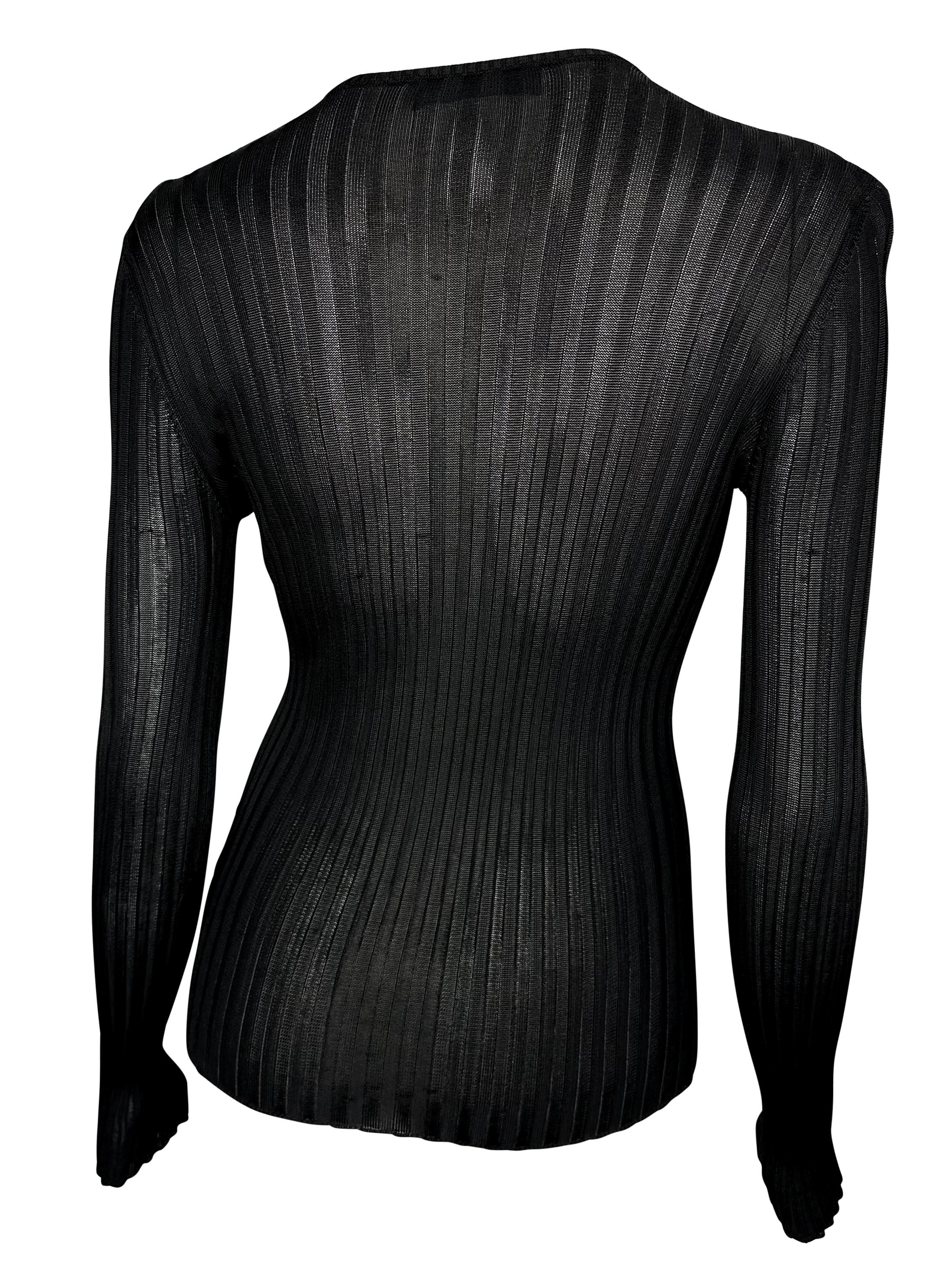 2000s Dolce & Gabbana Plunging Lace-Up Sheer Ribbed Black Long Sleeve Top For Sale 1