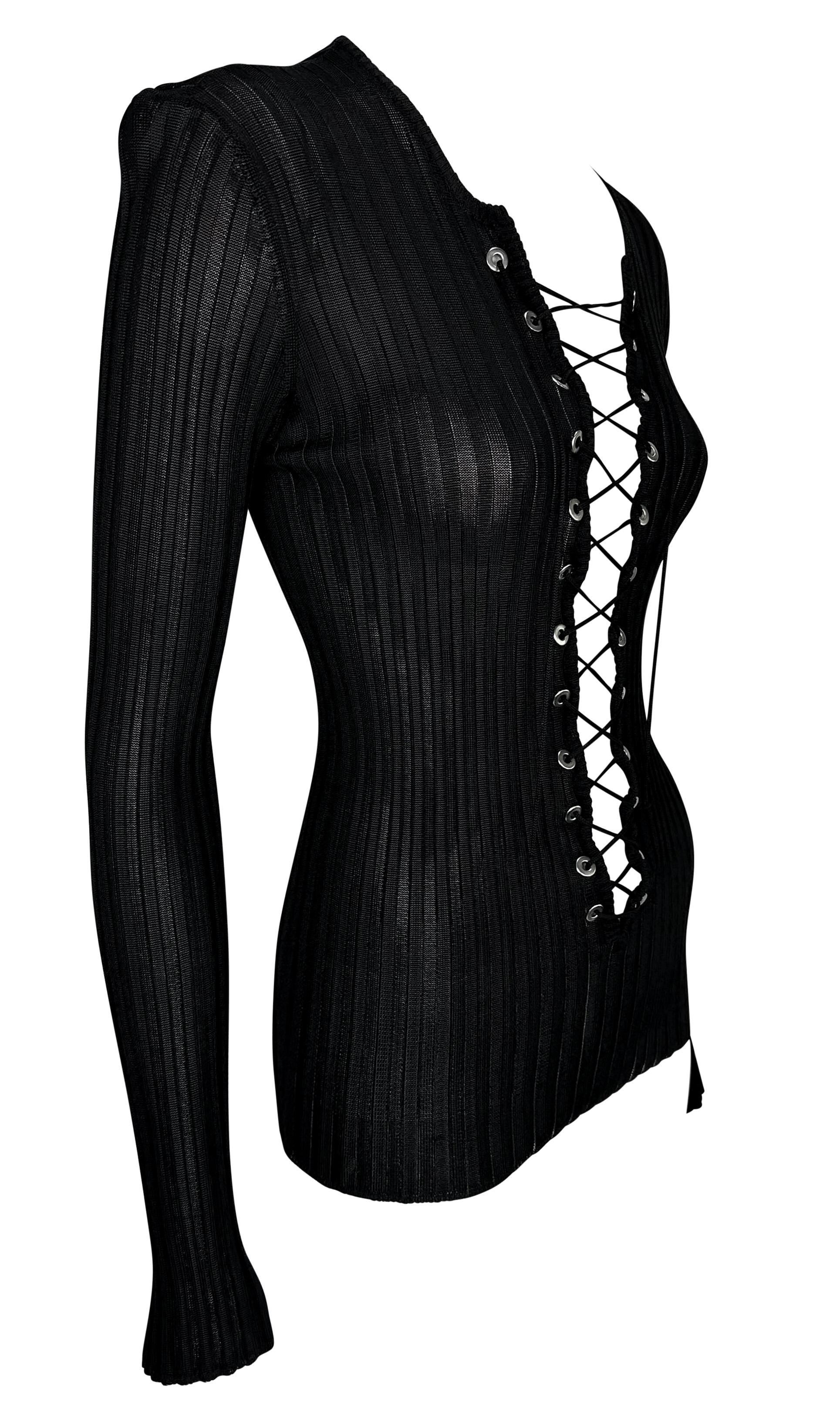 2000s Dolce & Gabbana Plunging Lace-Up Sheer Ribbed Black Long Sleeve Top For Sale 3