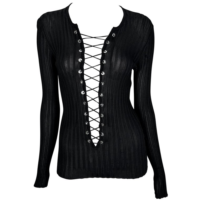 2000s Dolce and Gabbana Plunging Lace-Up Sheer Ribbed Black Long 