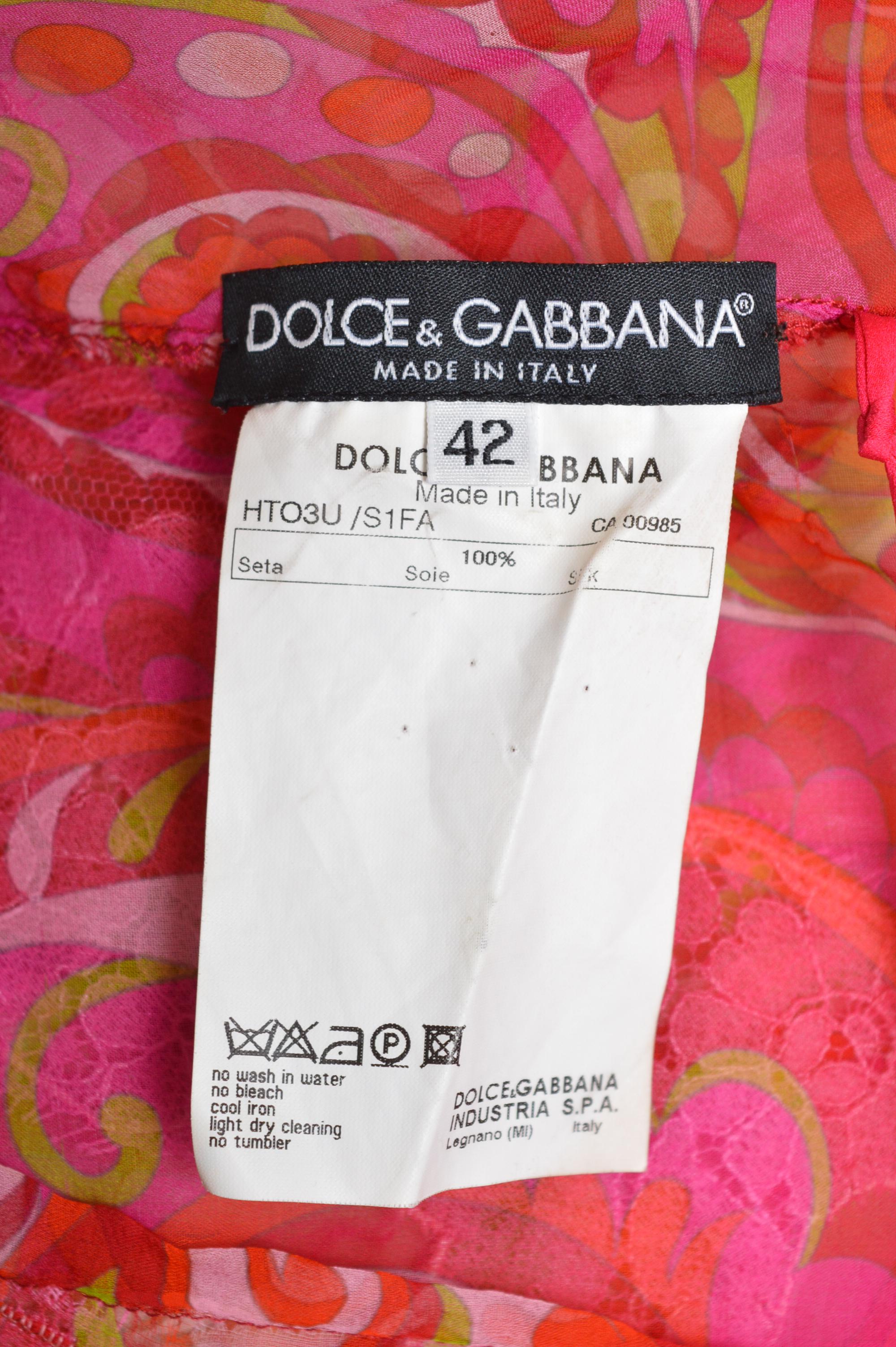 2000er Dolce & Gabbana Psychedelische Rosa Seidenspitze Schwebende Durchsichtige Bluse - Tunika Top im Angebot 6