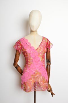 2000s Dolce & Gabbana Psychedelic Pink Silk Lace Floaty Sheer Blouse - Tunic Top