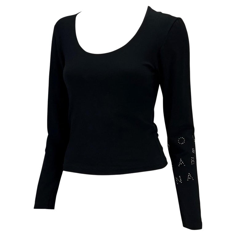 2000s Dolce and Gabbana Rhinestone Logo Black Long Sleeve Top Y2K 