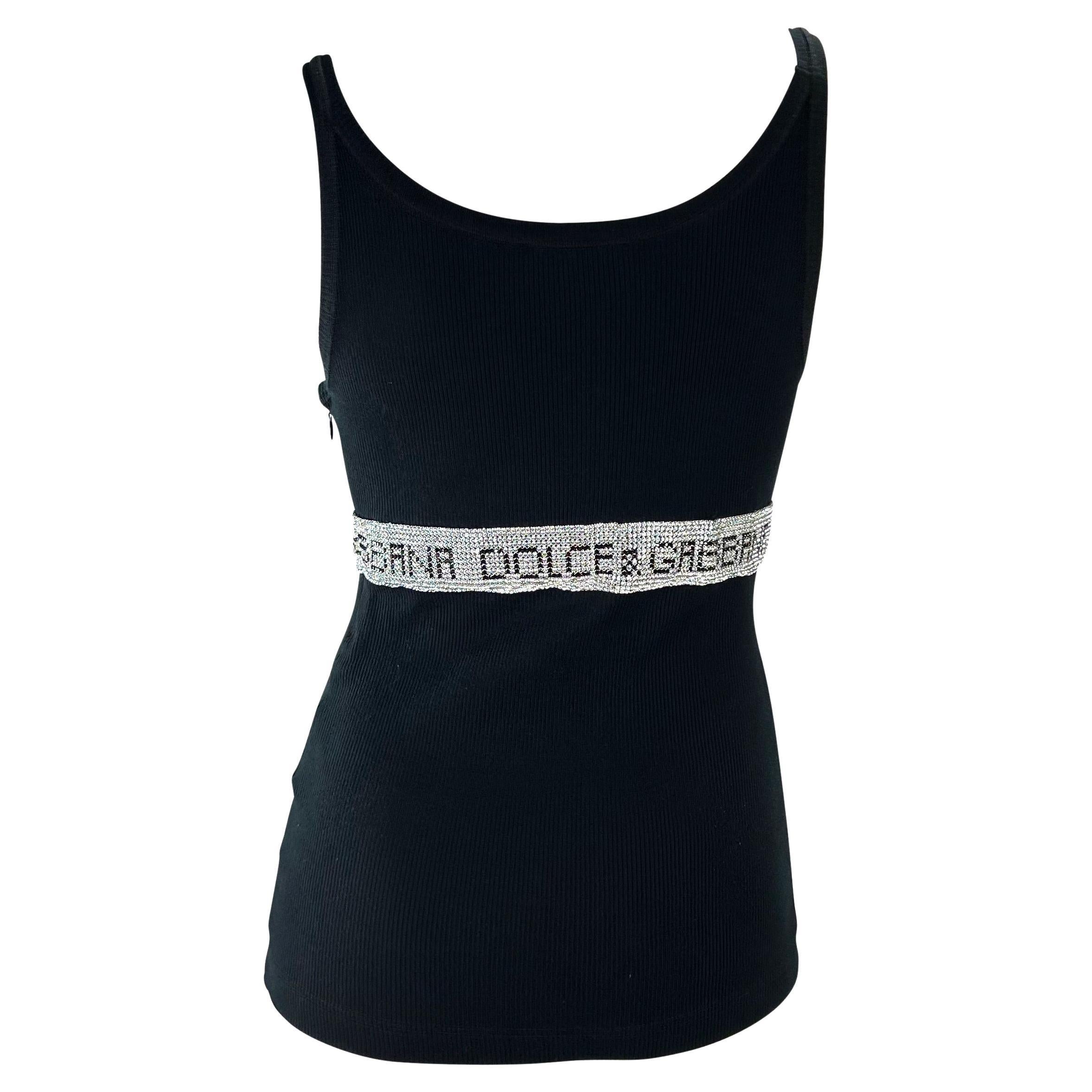 Noir 2000s Dolce & Gabbana Rhinestone Logo Black Ribbed Stretch Tank Top en vente